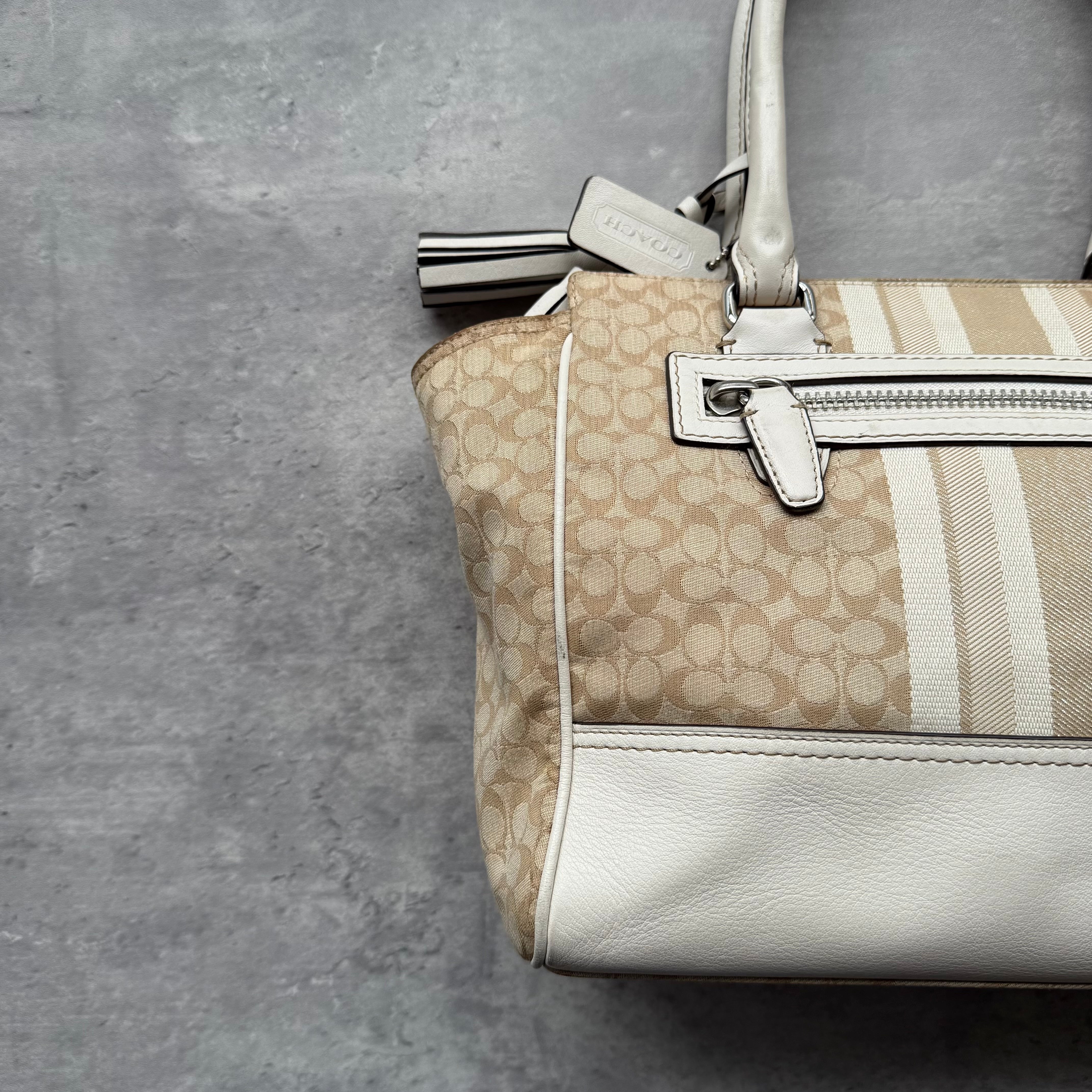 Coach Signature Stripe Candace Carryall Handbag Beige/White