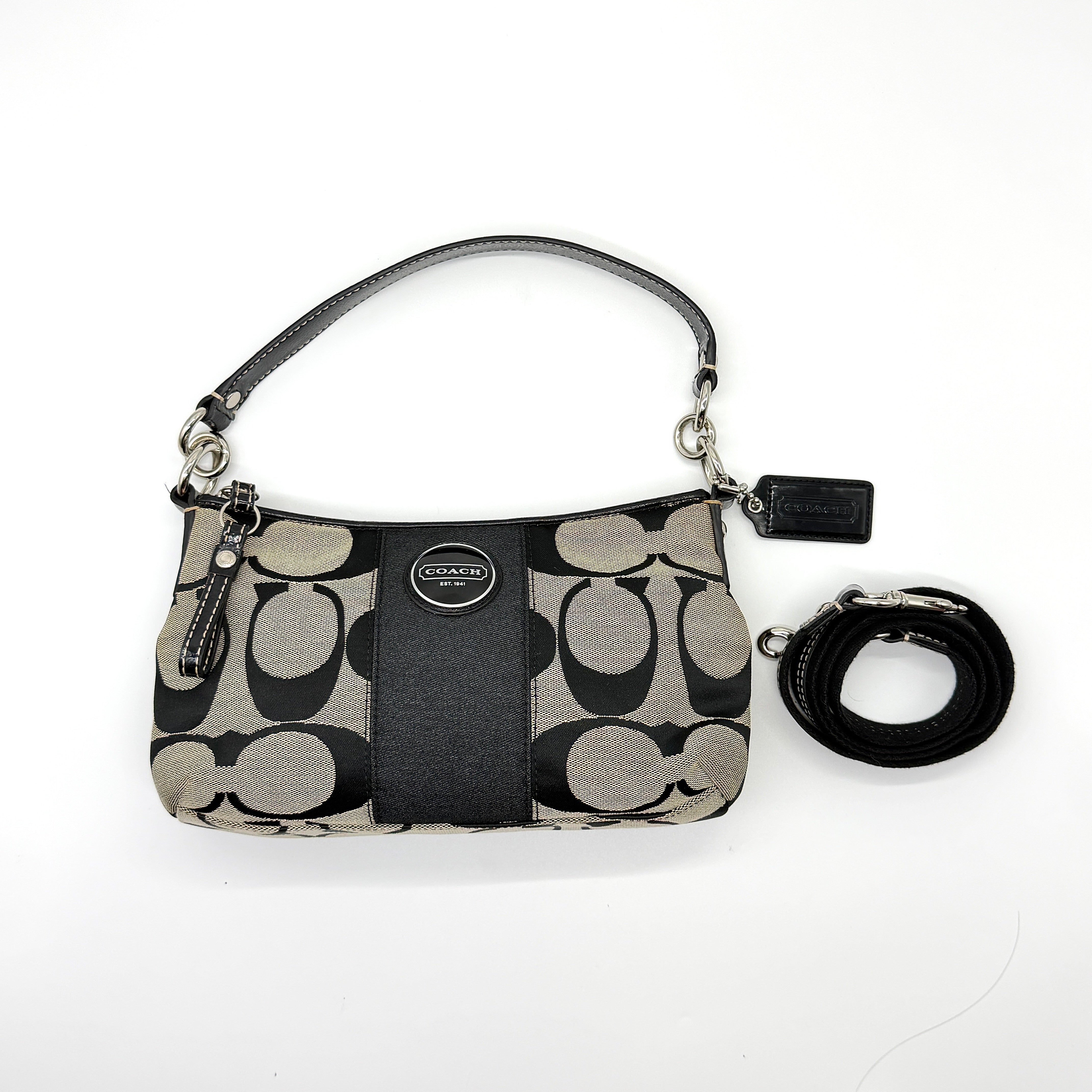 Coach 2Way Signature Strip Shoulder Bag Grey/Black