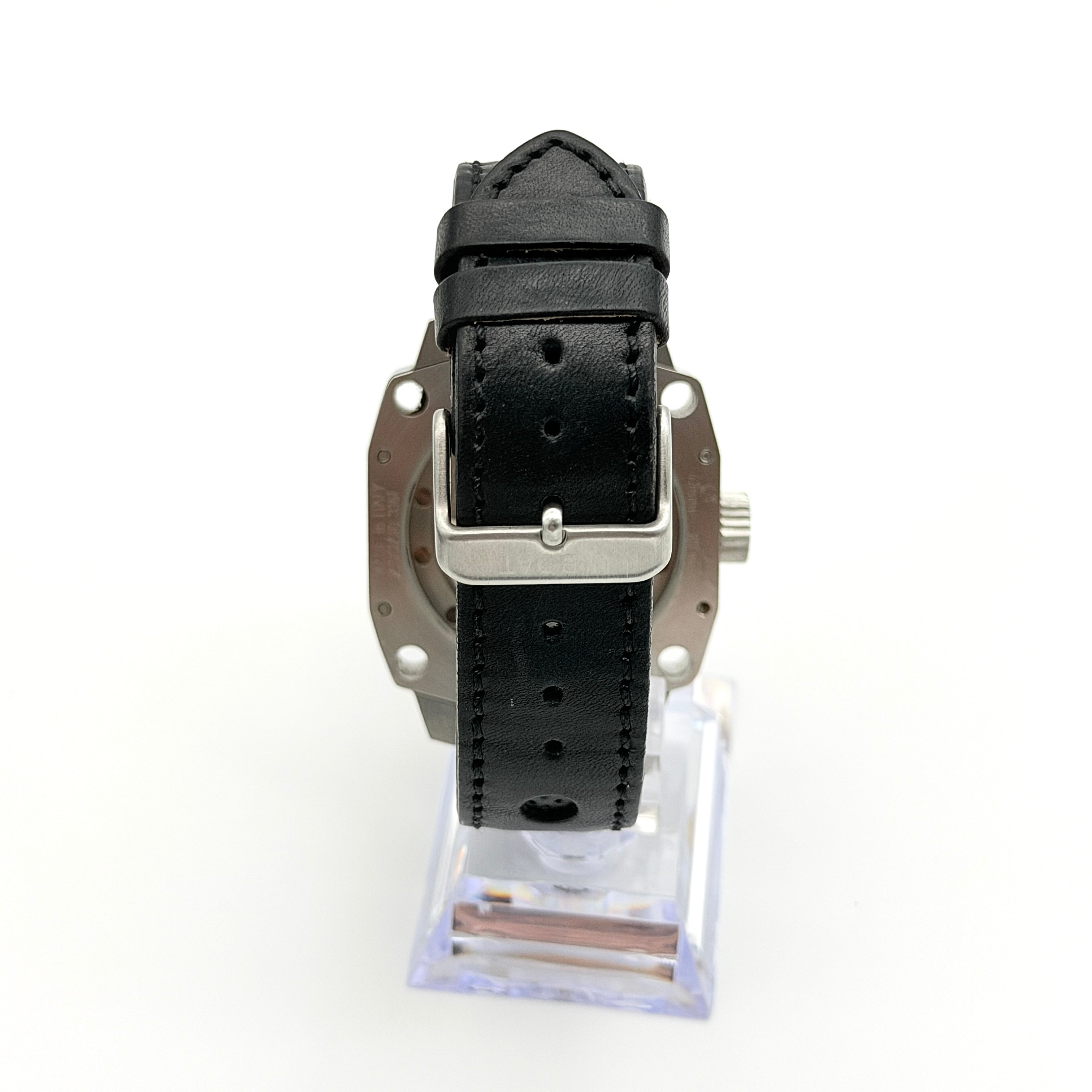U-Boat Thousands Of Feet stainless steel watch with red dial and black leather strap, displayed on black branded box
