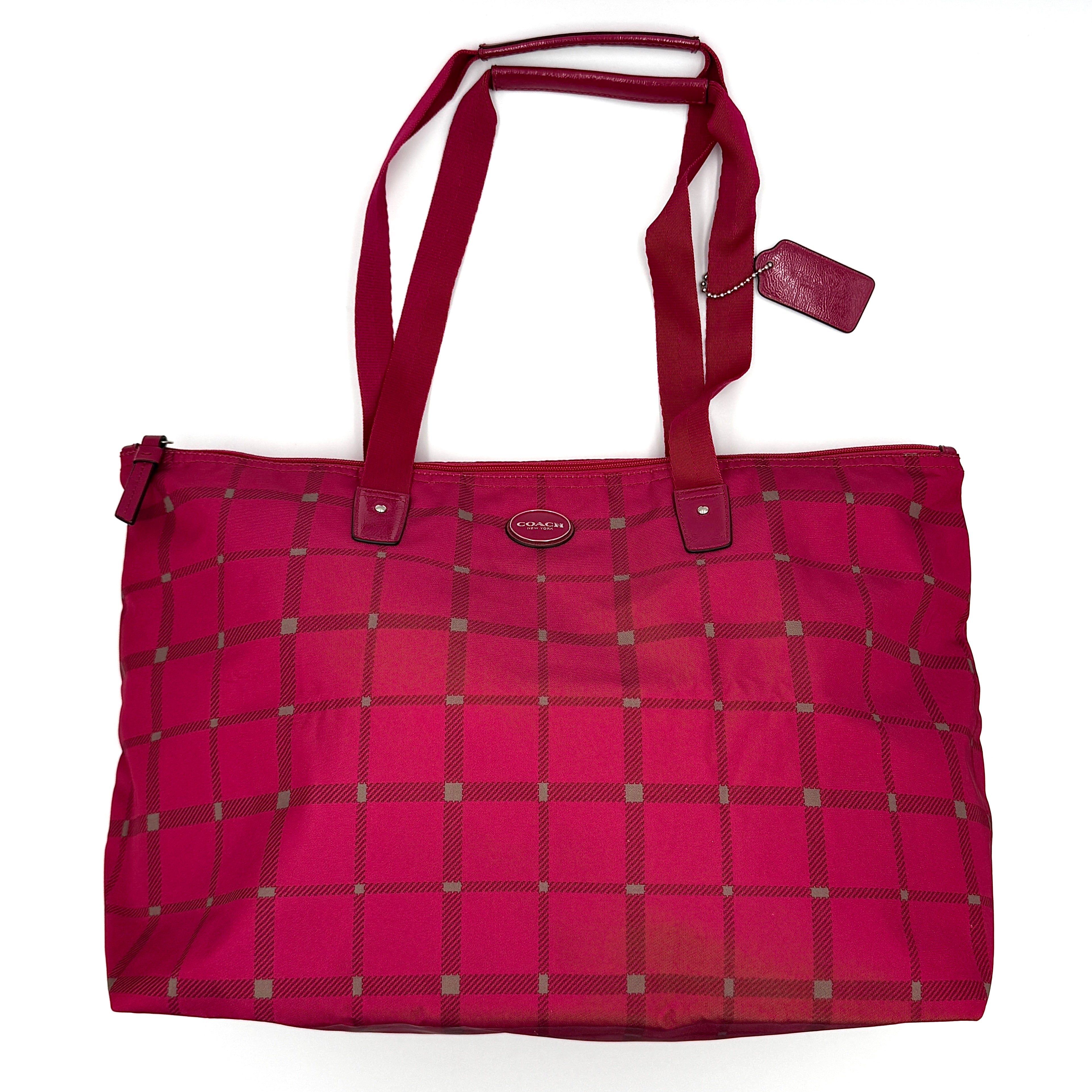 Coach Signature Getaway Weekender Plaid Nylon Tote Bag Pink