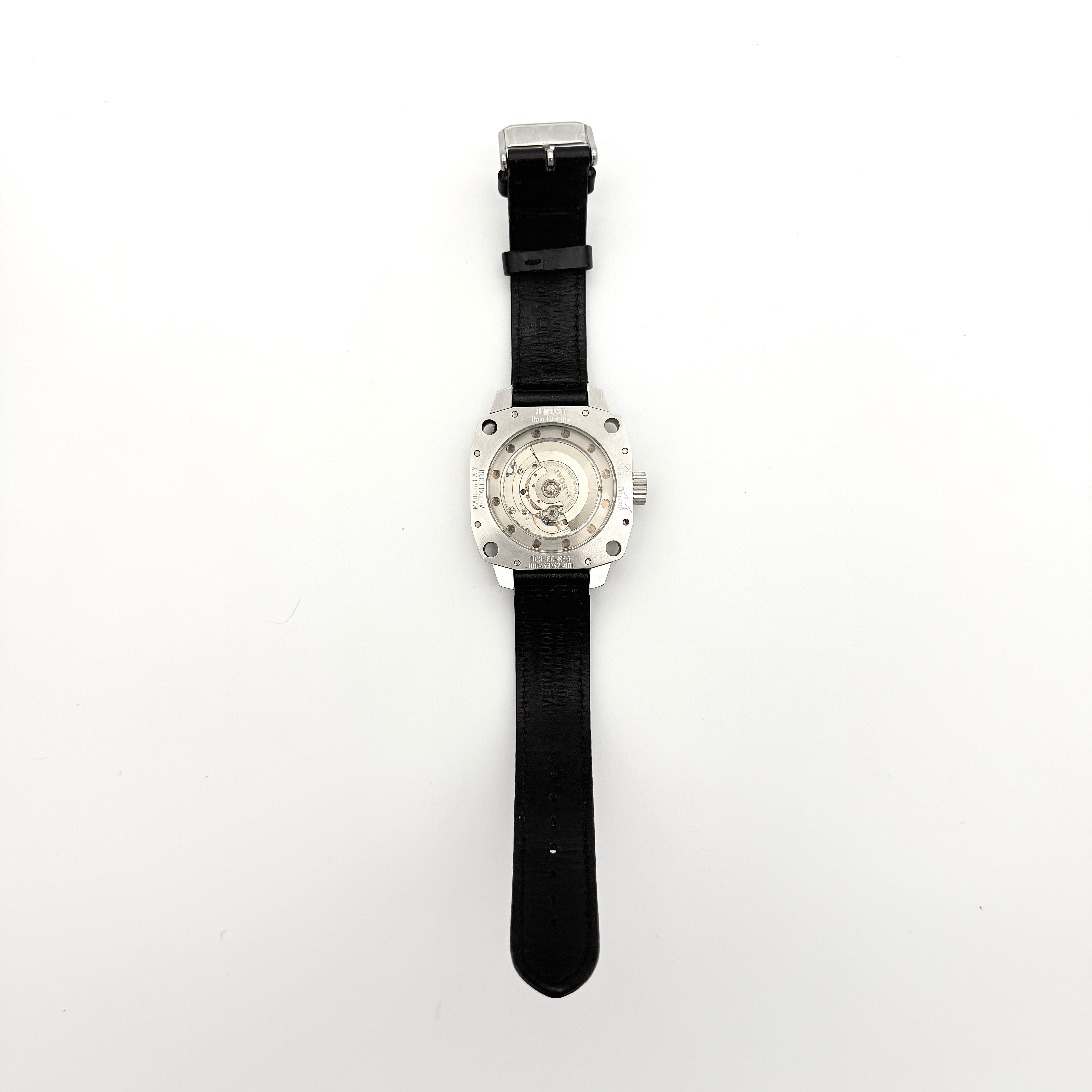 U-Boat Thousands Of Feet stainless steel watch with red dial and black leather strap, displayed on black branded box