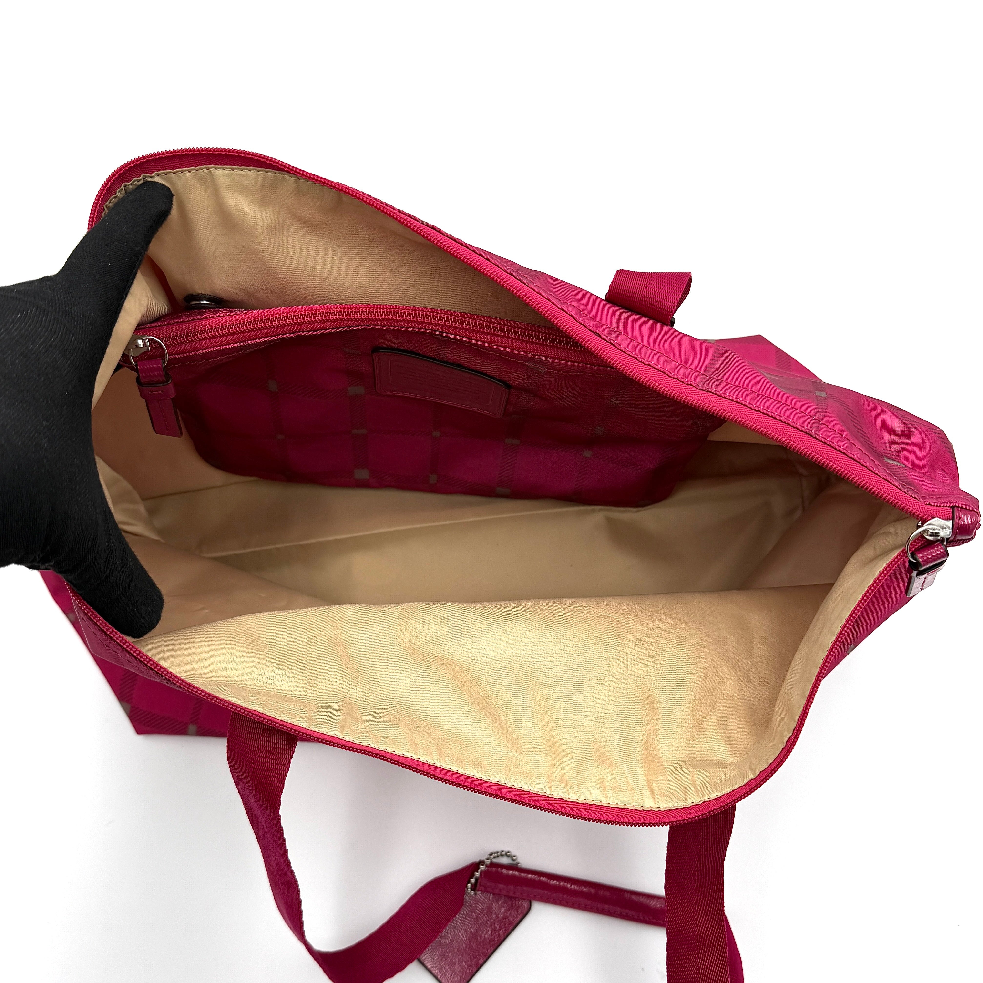 Coach Signature Getaway Weekender Plaid Nylon Tote Bag Pink