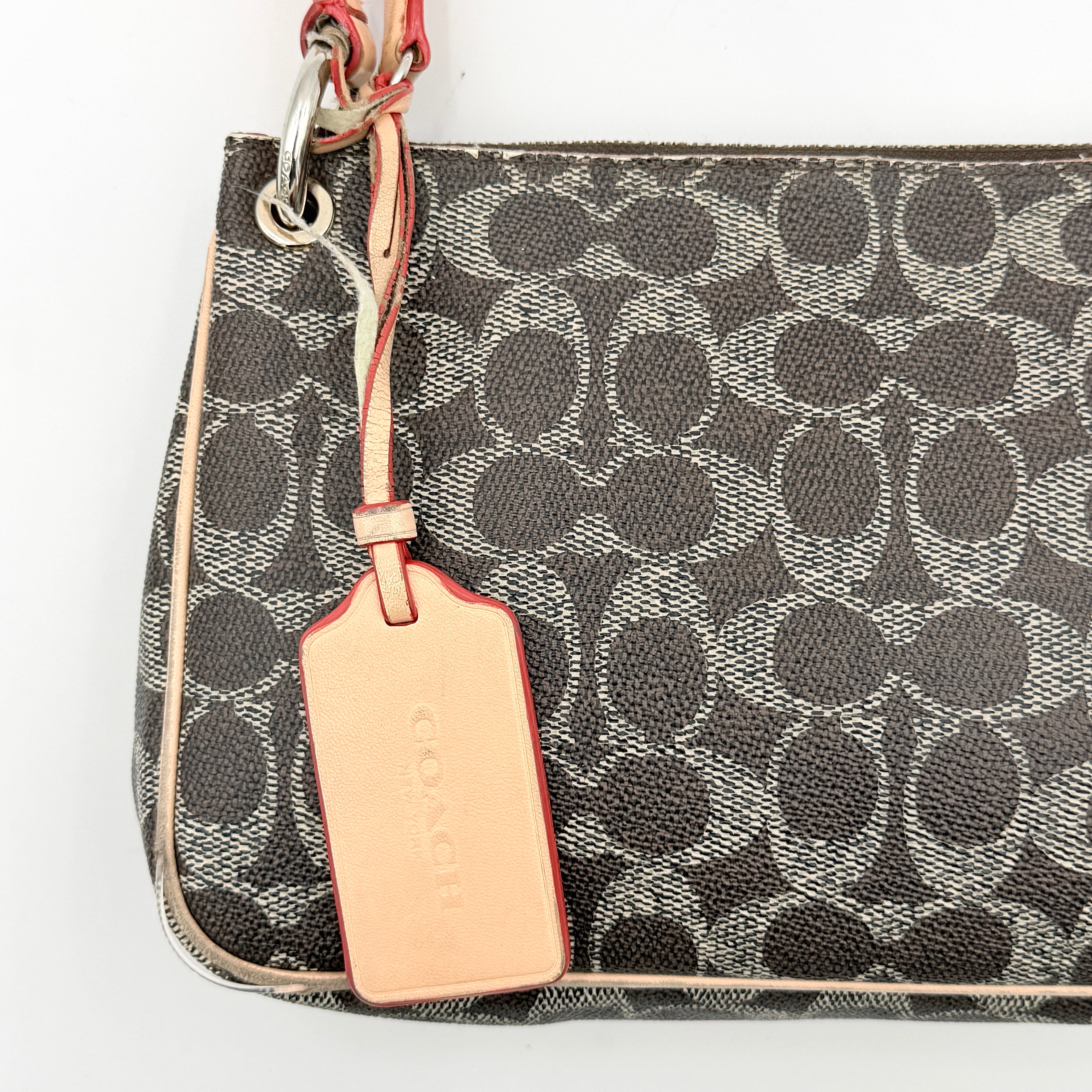 Coach Signature Charley Shoulder Bag in grey and beige canvas with monogram print, tan leather trim, and a single leather strap.