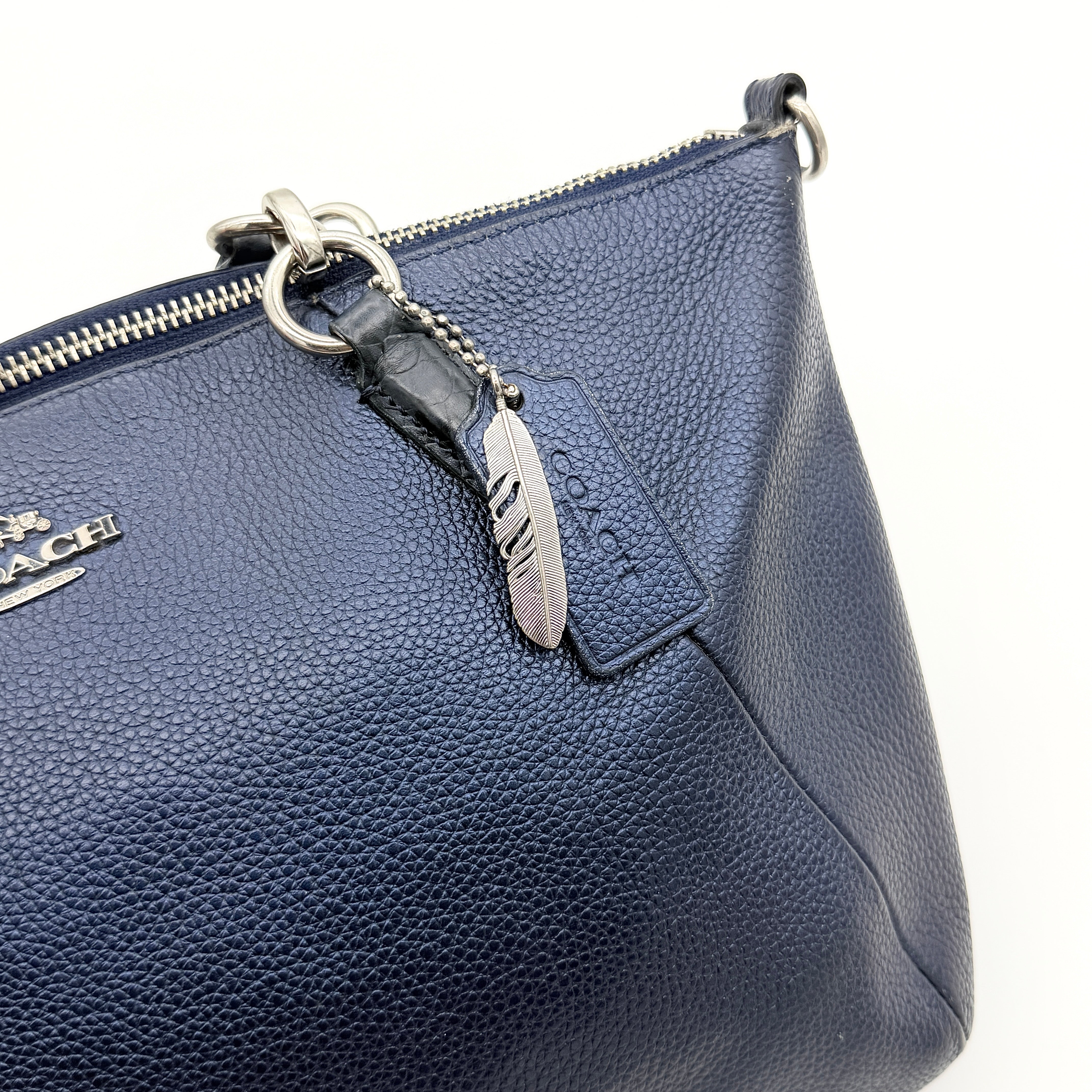 Coach Kelsey 2Way shoulder bag in navy blue pebble leather with silver-tone hardware, shown with detachable strap.