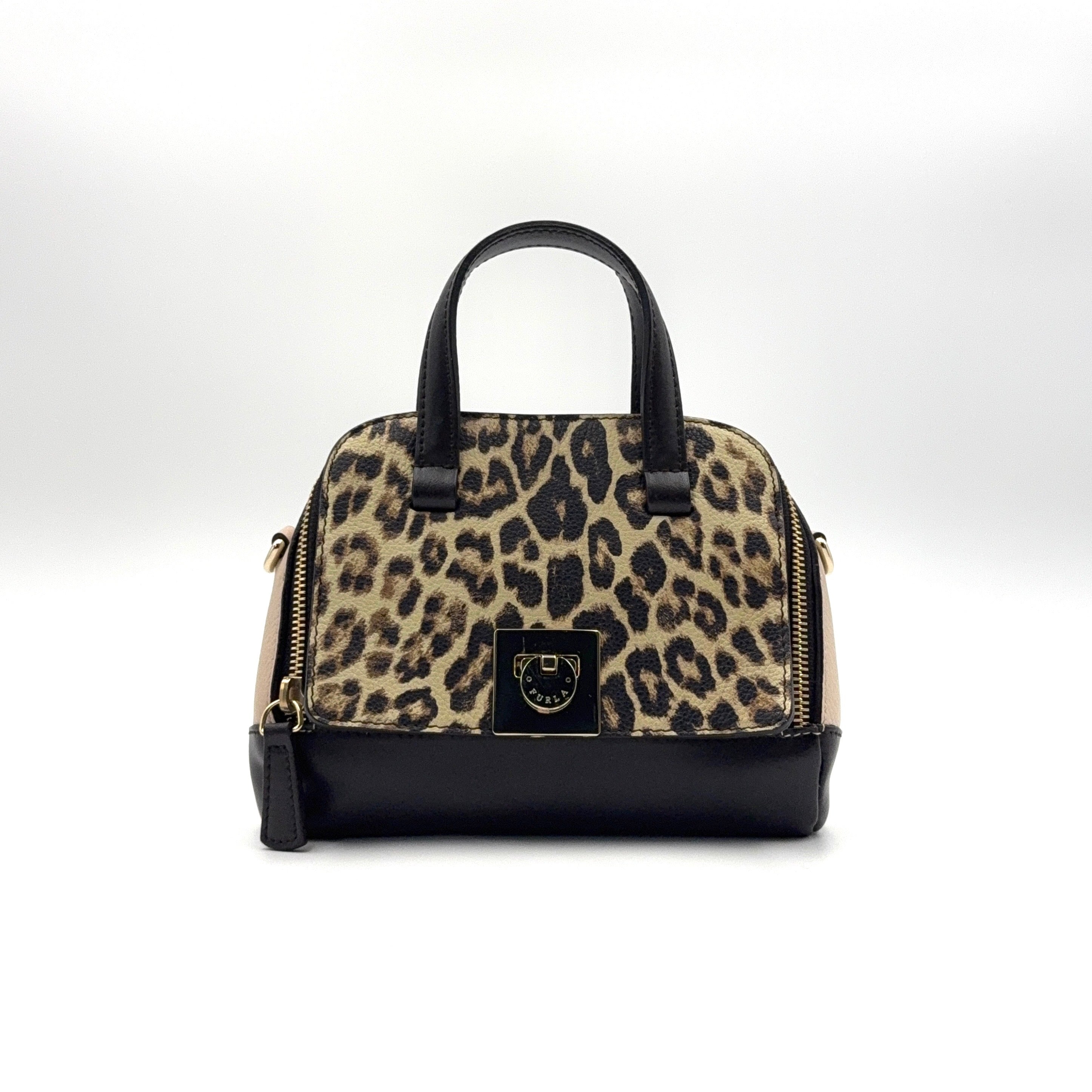 Furla 2Way Leopard Shoulder Bag in black leather with top handles, leopard print front, and detachable strap displayed beside it.