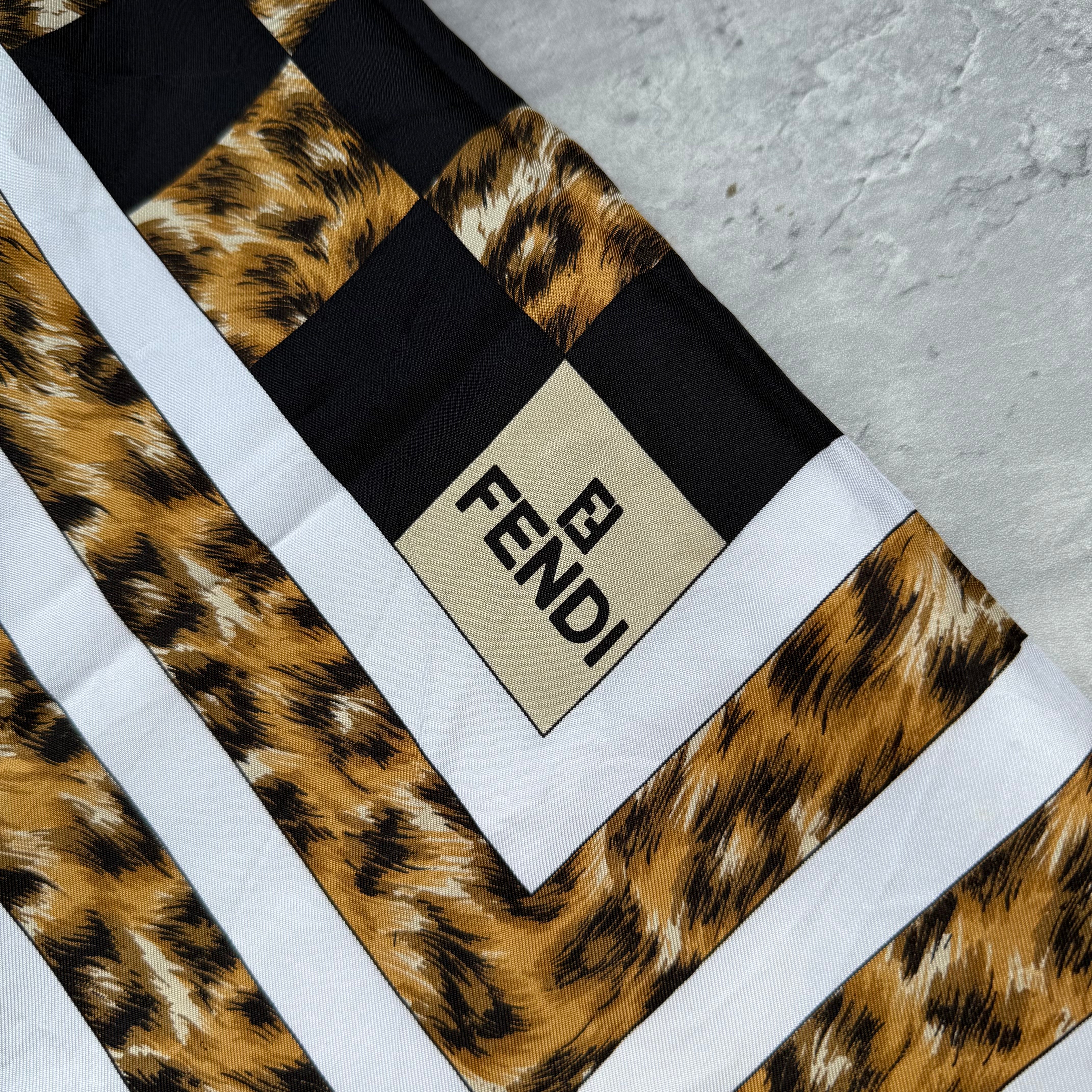 Fendi Checkered Leopard Print Silk Scarf