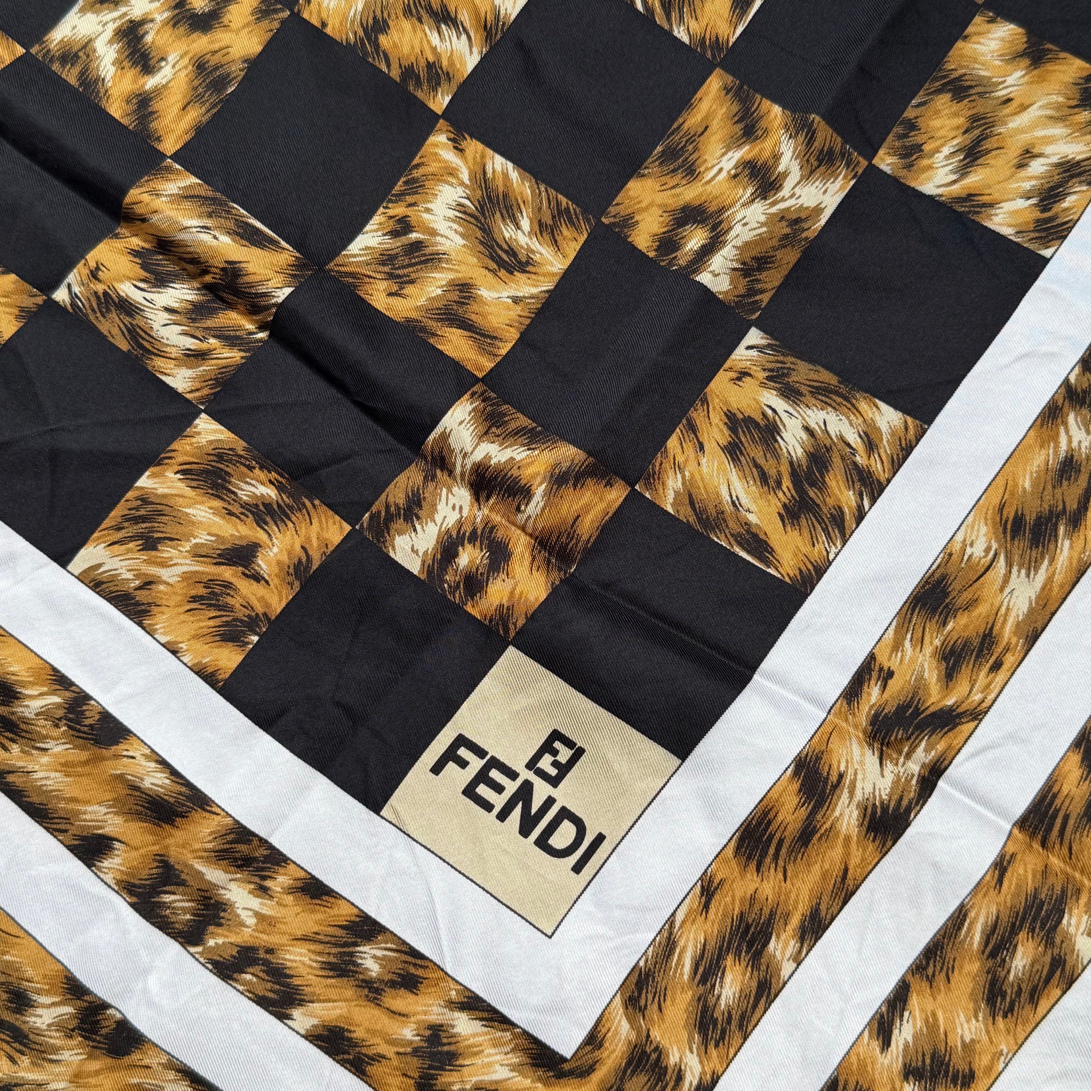 Fendi Checkered Leopard Print Silk Scarf
