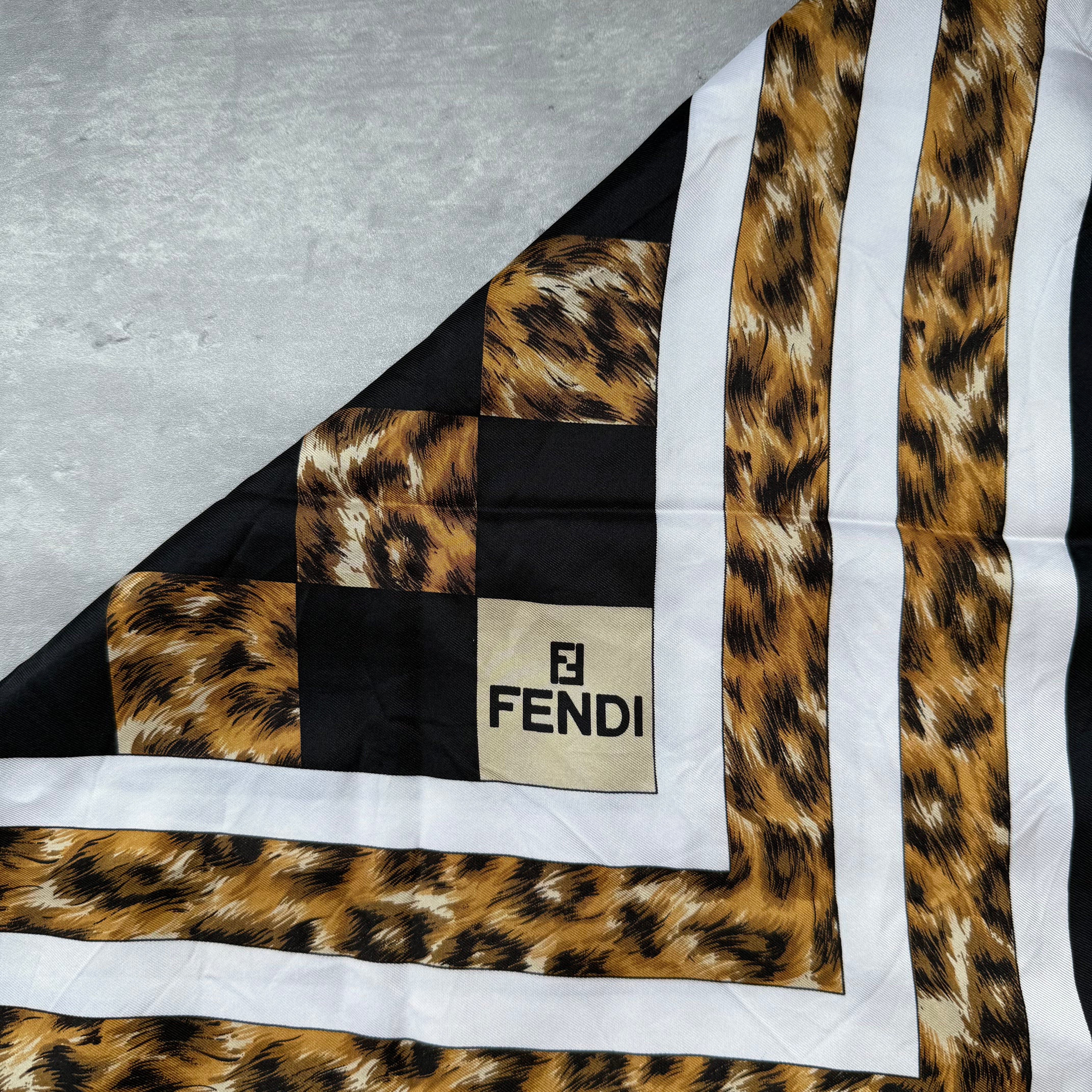 Fendi Checkered Leopard Print Silk Scarf
