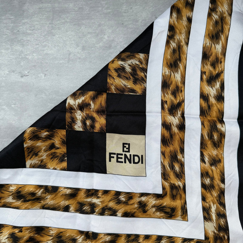 Fendi Checkered Leopard Print Silk Scarf