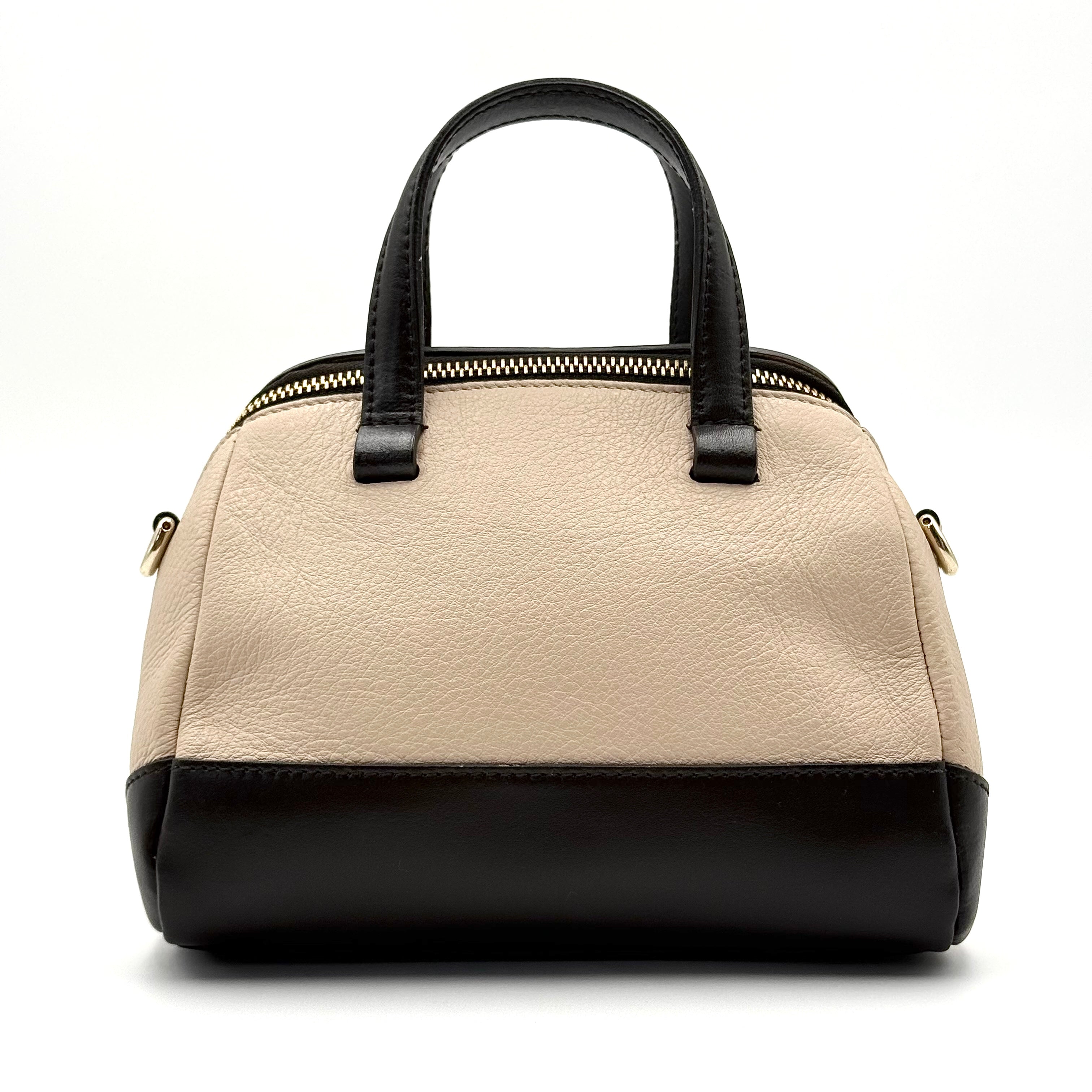 Furla 2Way Leopard Shoulder Bag in black leather with top handles, leopard print front, and detachable strap displayed beside it.