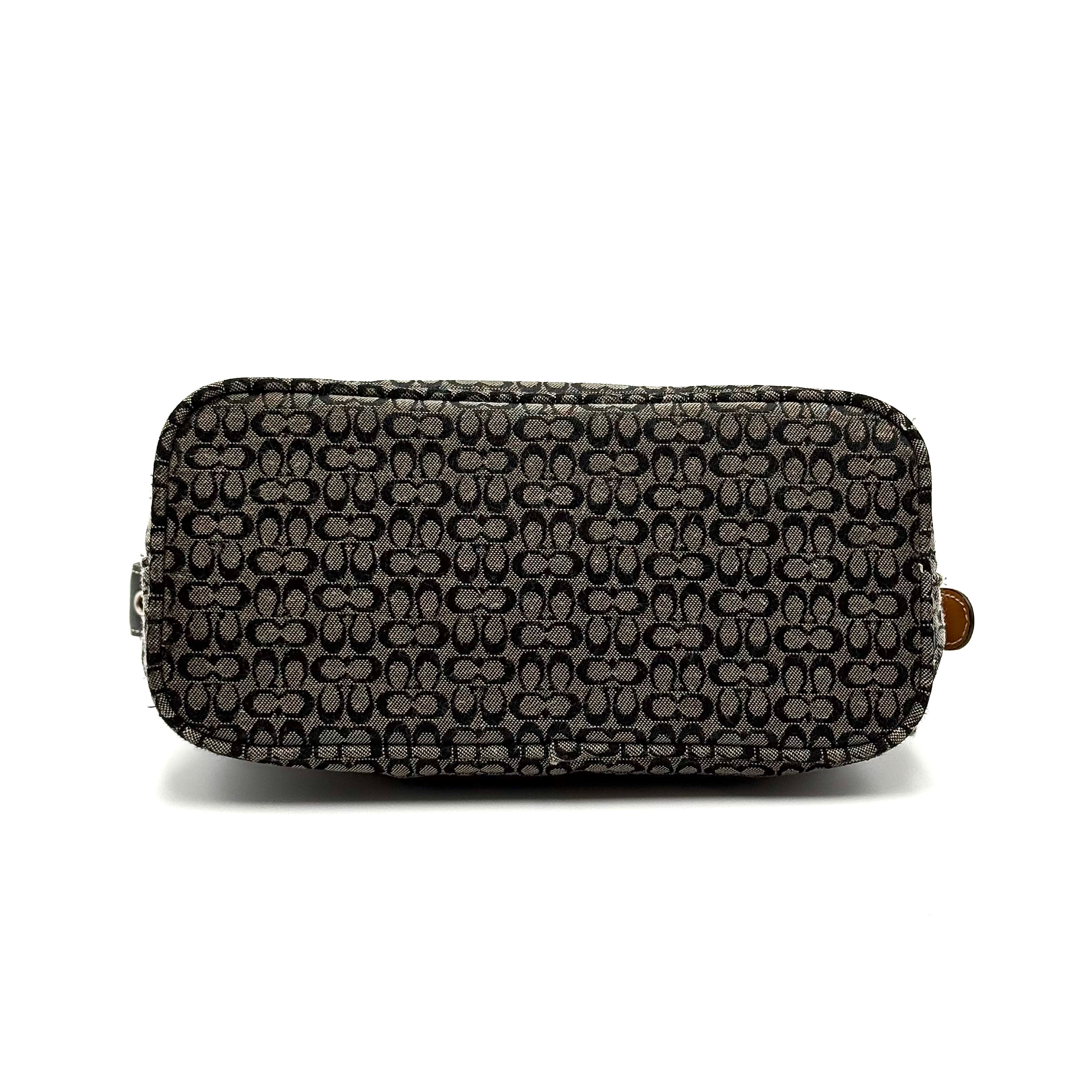 Coach Signature Hobo Shoulder Bag in grey and black canvas with leather trim and silver hardware, shown with monogram detail.
