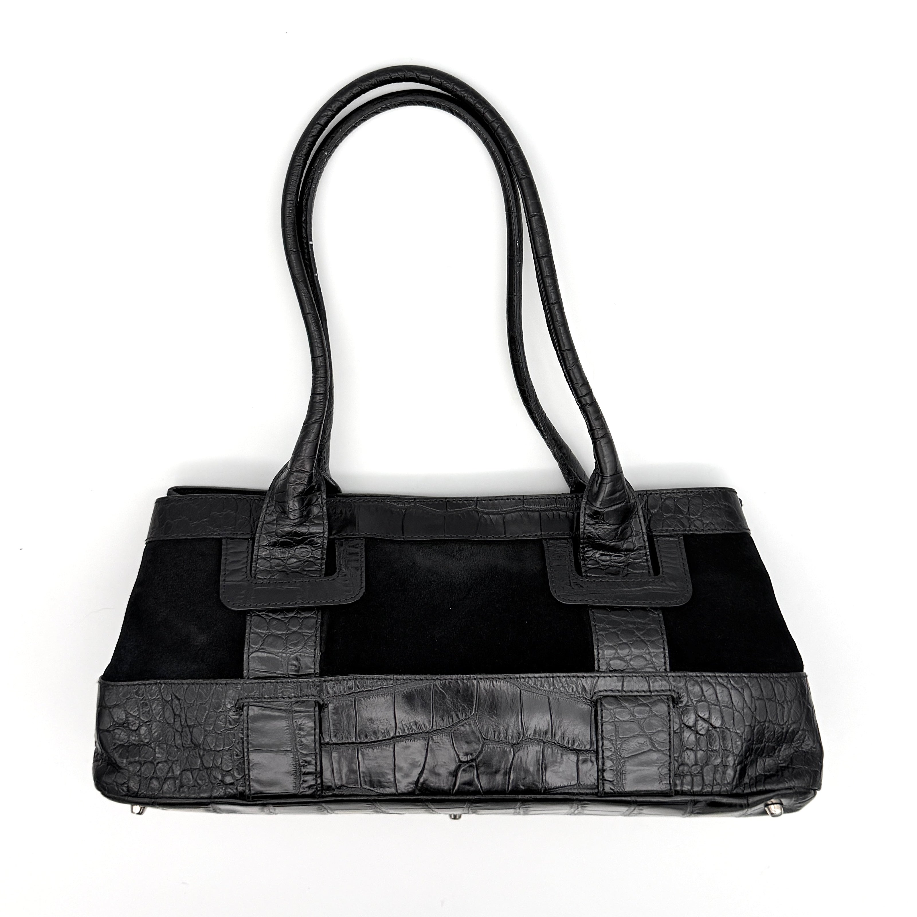 Furla Croc Embossed Leather Shoulder Bag Black