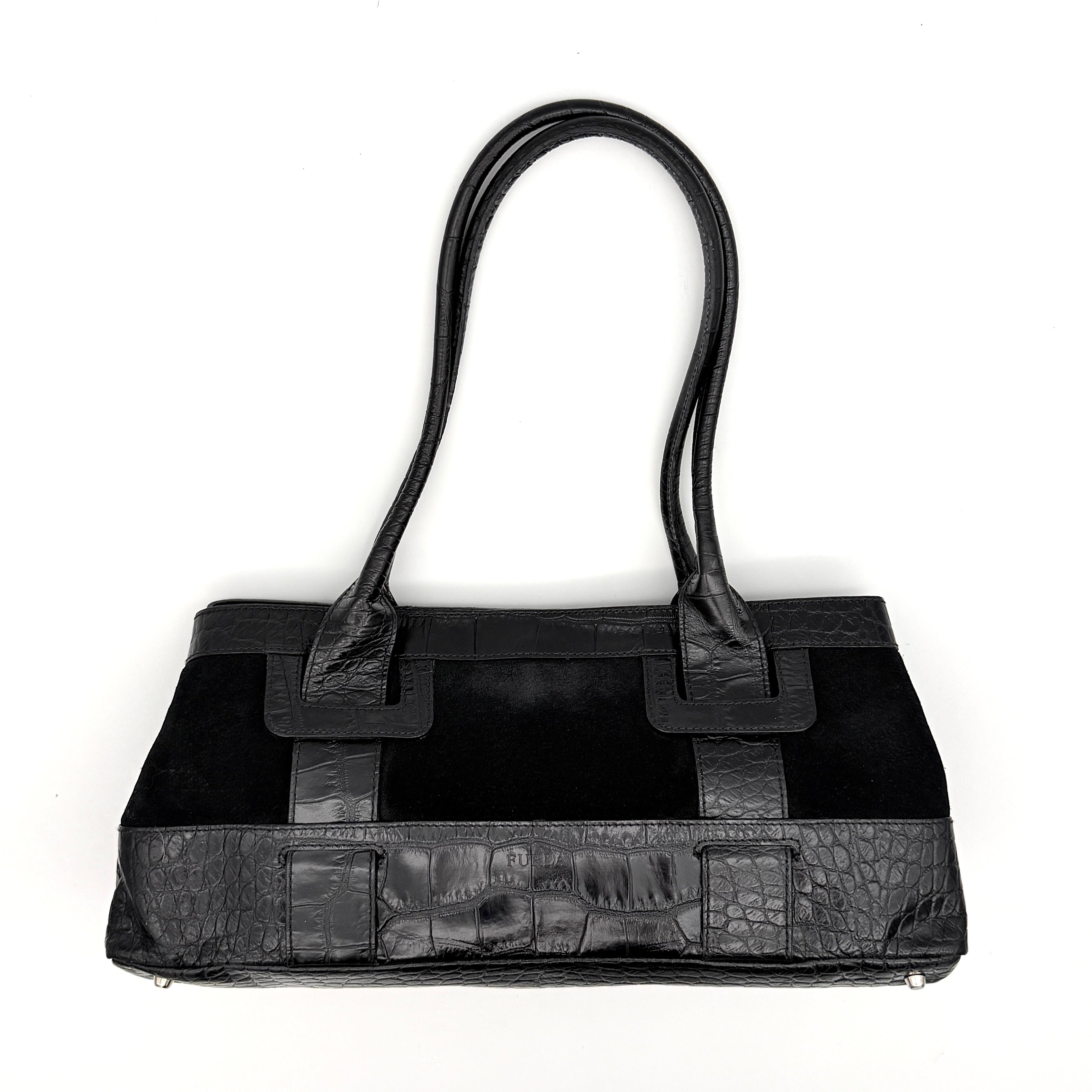 Furla croc-embossed black leather shoulder bag with suede panels and double handles, displayed against a white background.