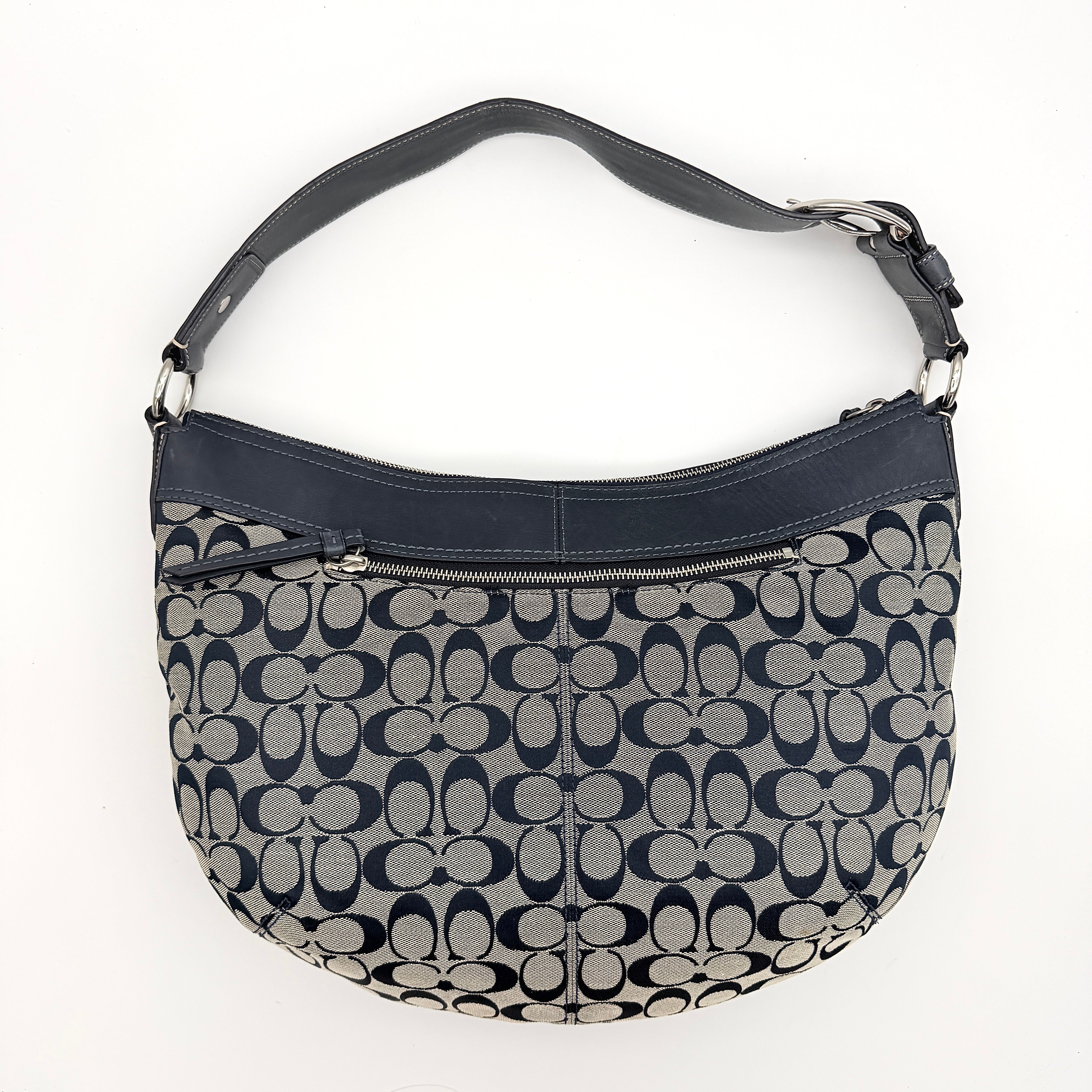 Coach Soho Pleated Hobo Shoulder Bag in black and grey signature jacquard with leather trim and silver hardware.