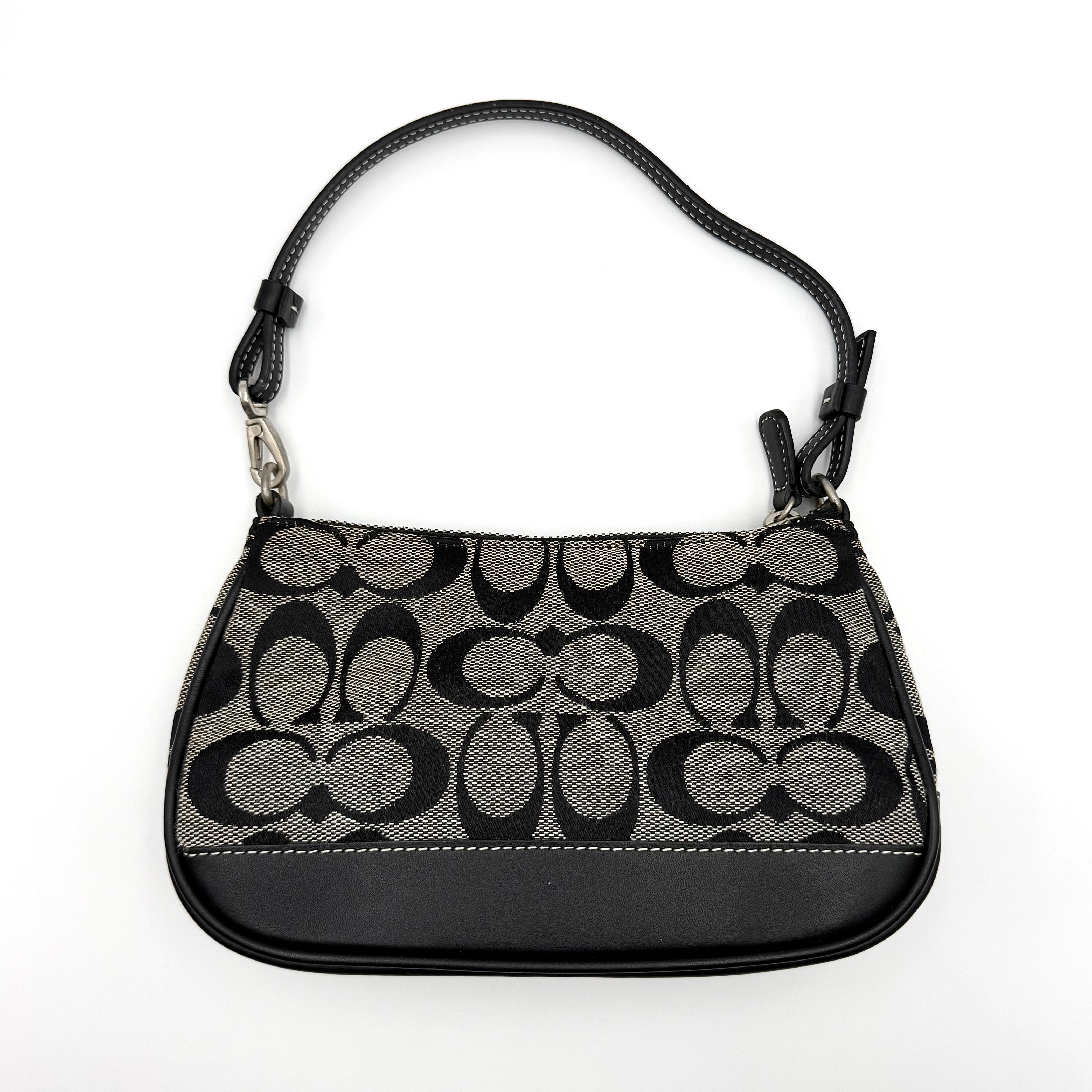 Coach Y2K Demi Shoulder Bag in black and grey signature jacquard with black leather trim and silver hardware.