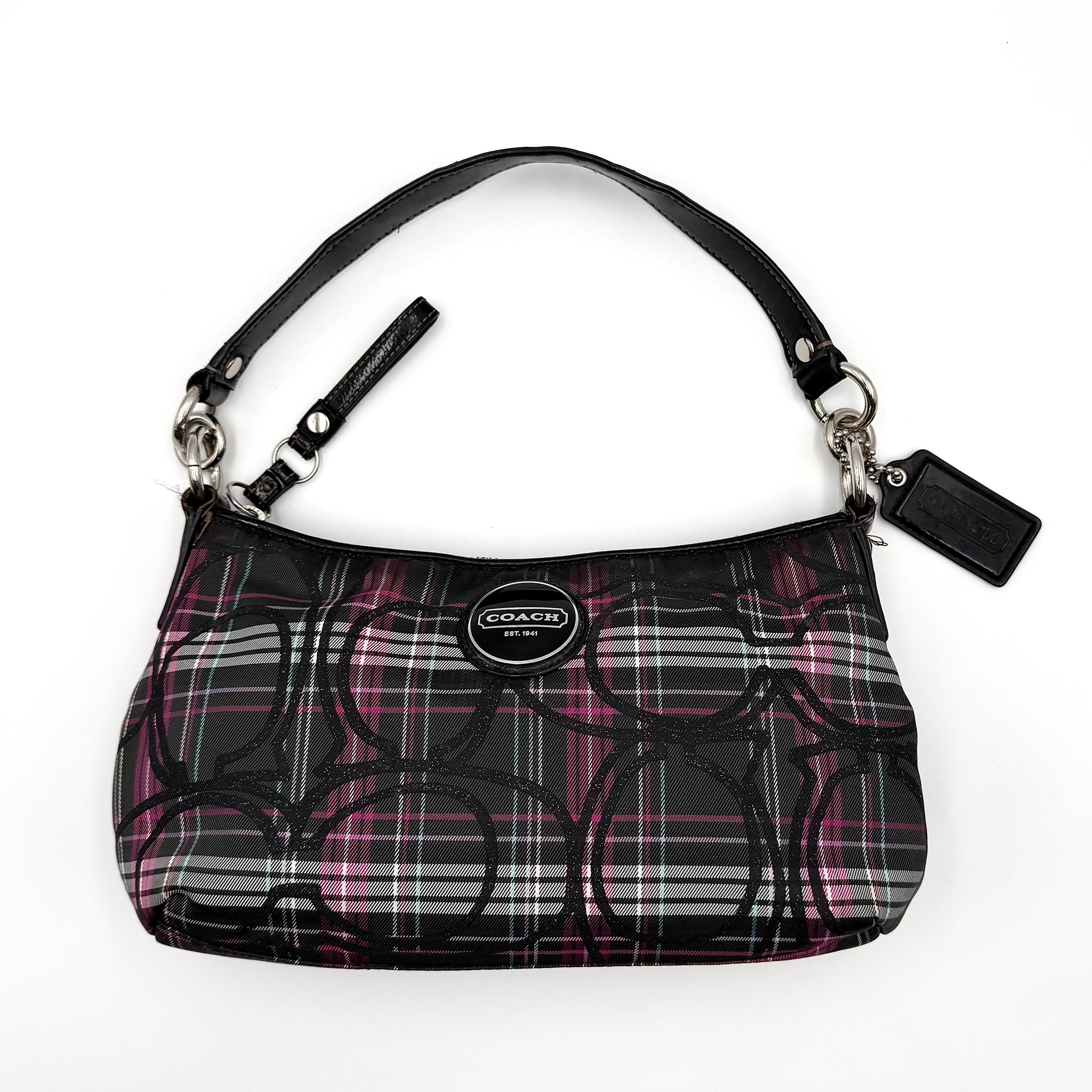 Coach 2Way Poppy Tartan shoulder bag in multi-colour plaid with detachable strap and signature silver hardware.