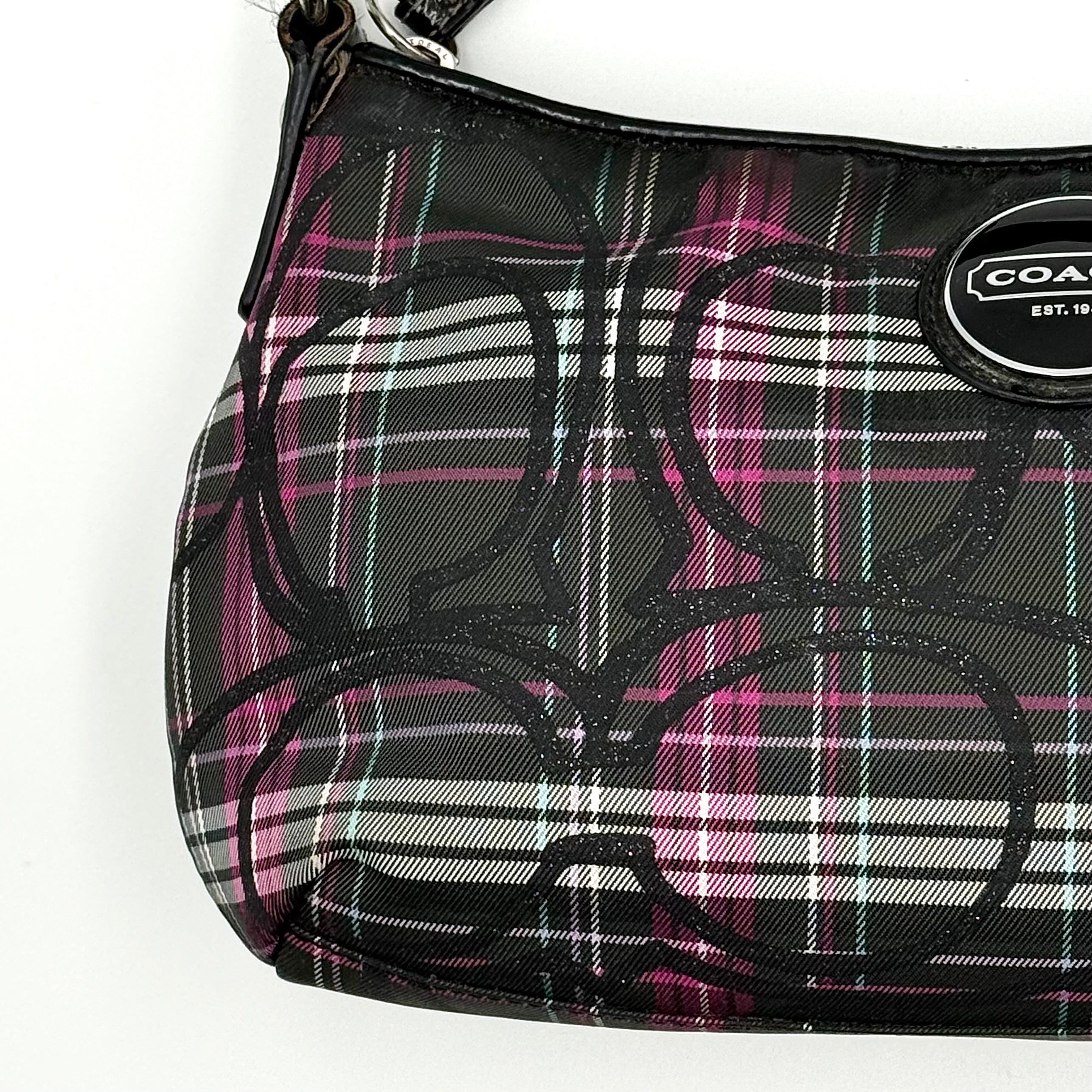 Coach 2Way Poppy Tartan shoulder bag in multi-colour plaid with detachable strap and signature silver hardware.