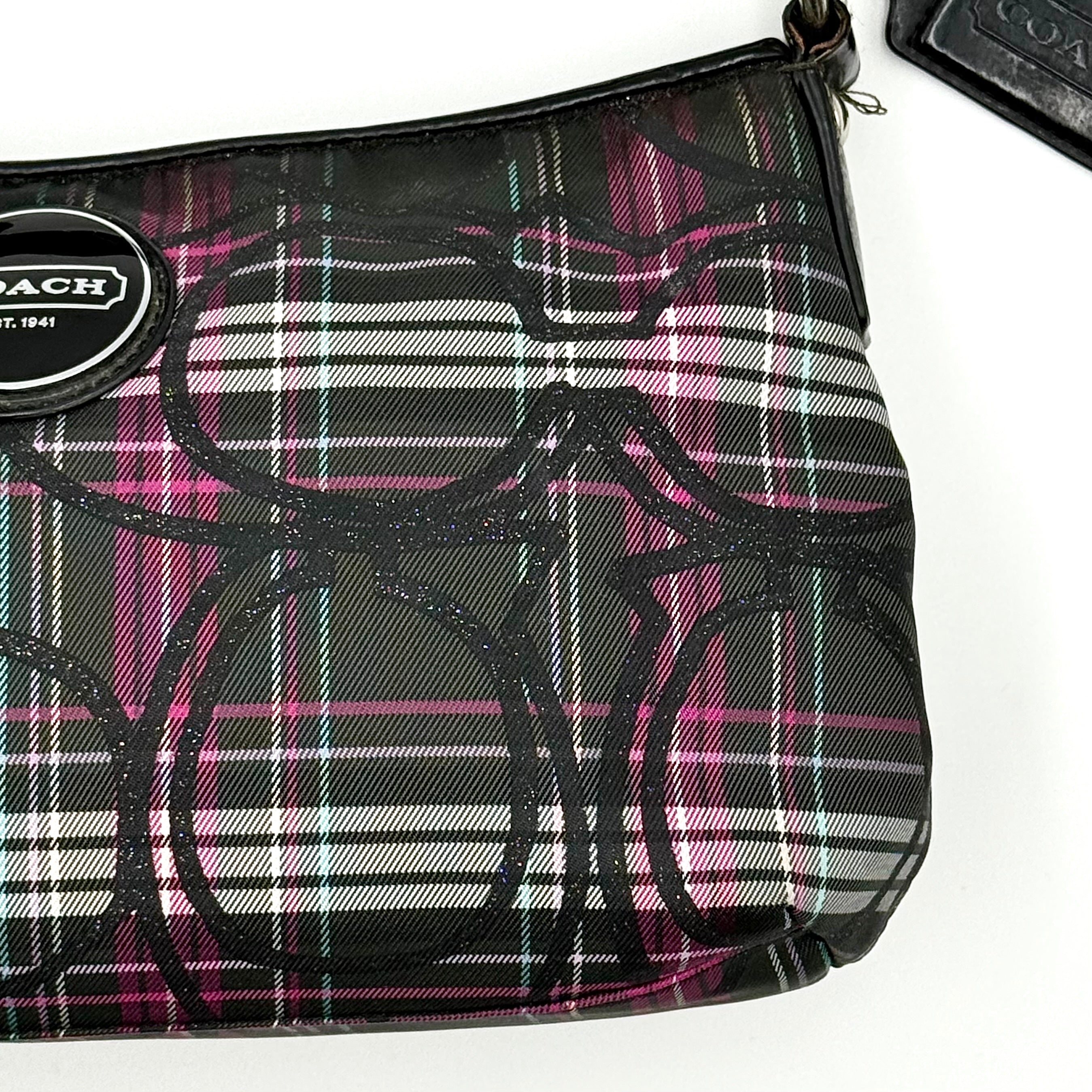 Coach 2Way Poppy Tartan shoulder bag in multi-colour plaid with detachable strap and signature silver hardware.