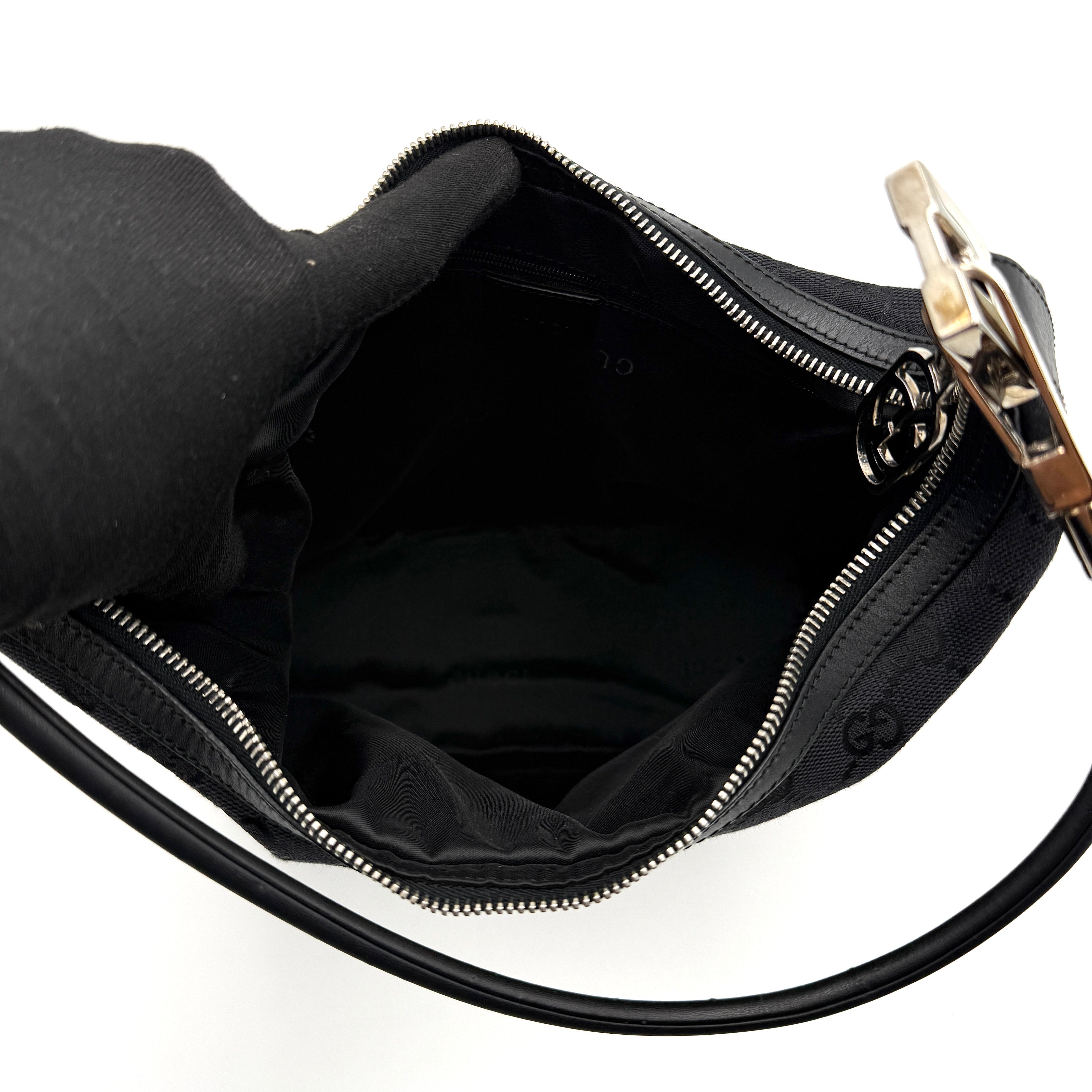 Gucci GG Monogram Hobo Shoulder Bag in black canvas with tonal GG logo pattern, silver-tone hardware and a single top handle.