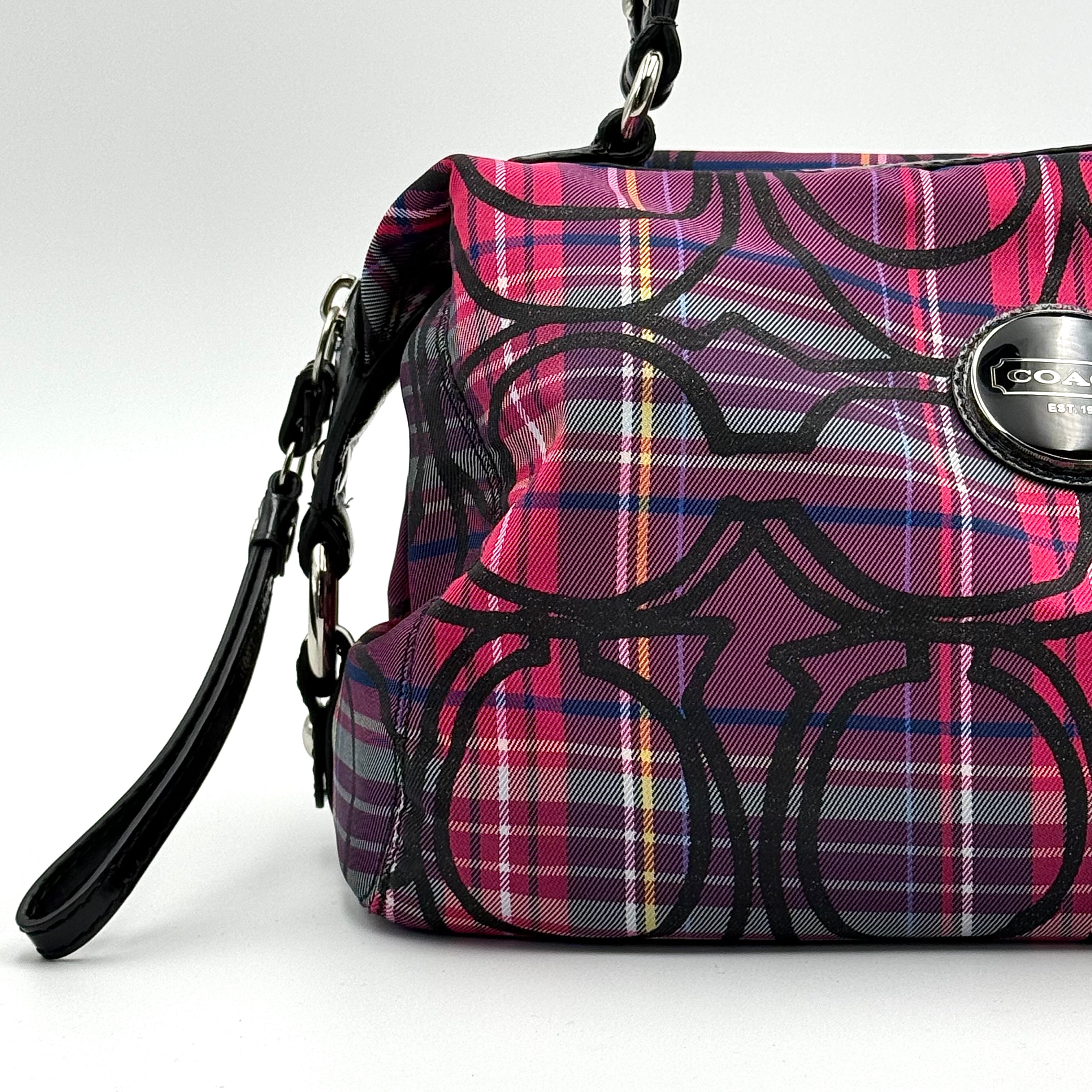 Coach Signature Poppy Tartan Shoulder Bag in vibrant multi plaid with bold black logo print, featuring black patent trim and silver hardware.