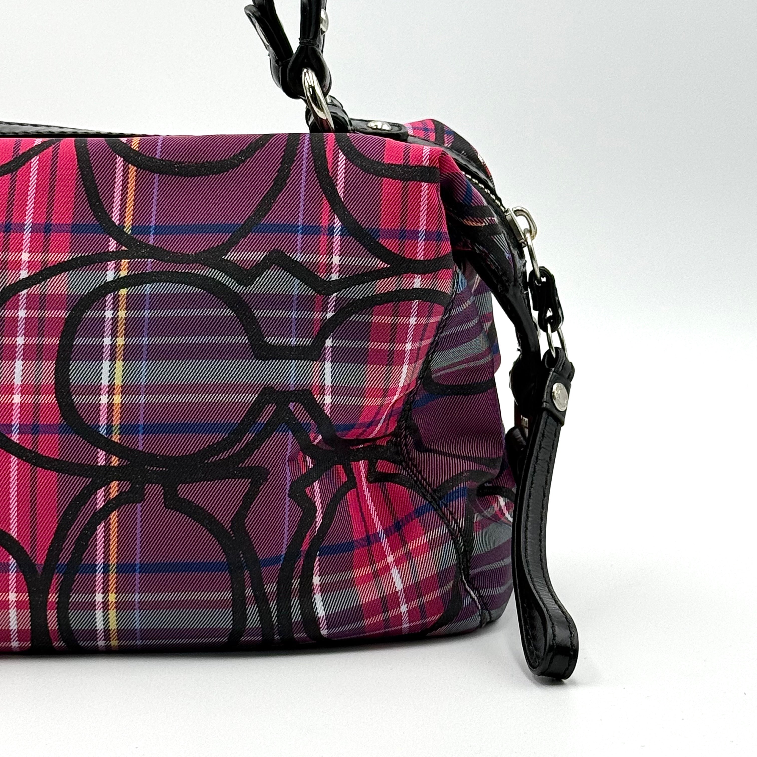 Coach Signature Poppy Tartan Shoulder Bag in vibrant multi plaid with bold black logo print, featuring black patent trim and silver hardware.