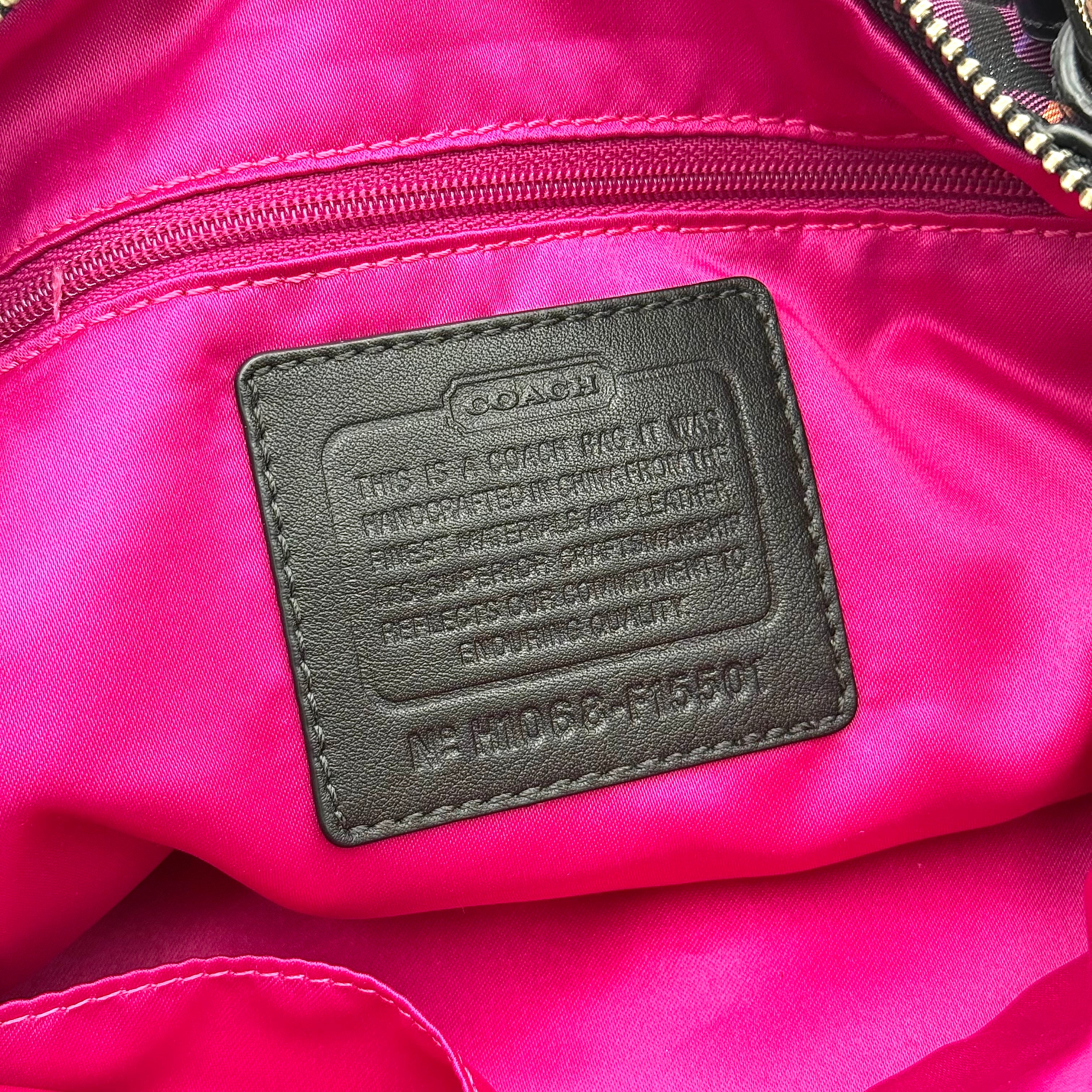 Coach Signature Poppy Tartan Shoulder Bag in vibrant multi plaid with bold black logo print, featuring black patent trim and silver hardware.