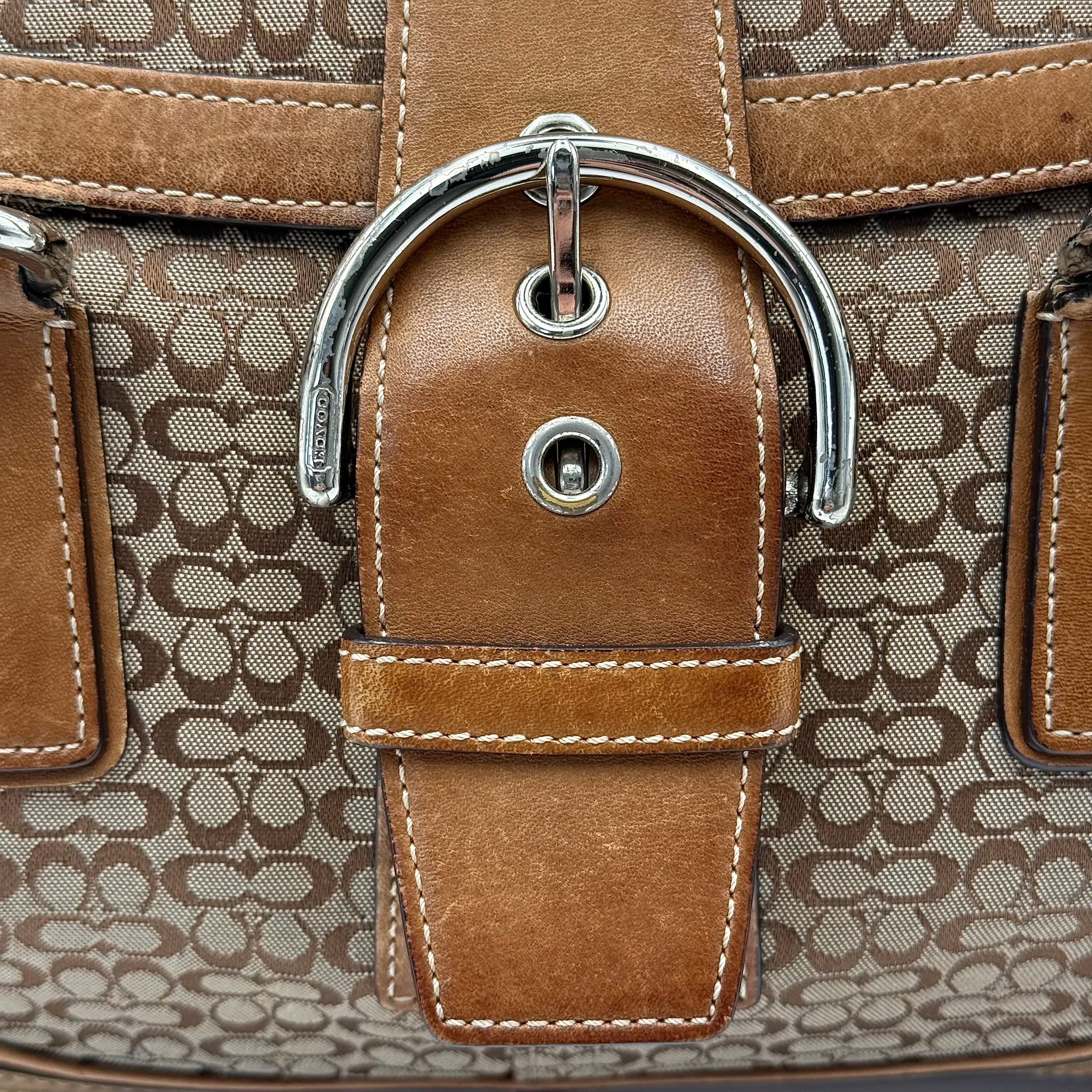Front-facing view of the Coach Y2K Signature Soho Shoulder Bag in beige and tan jacquard with leather trim.