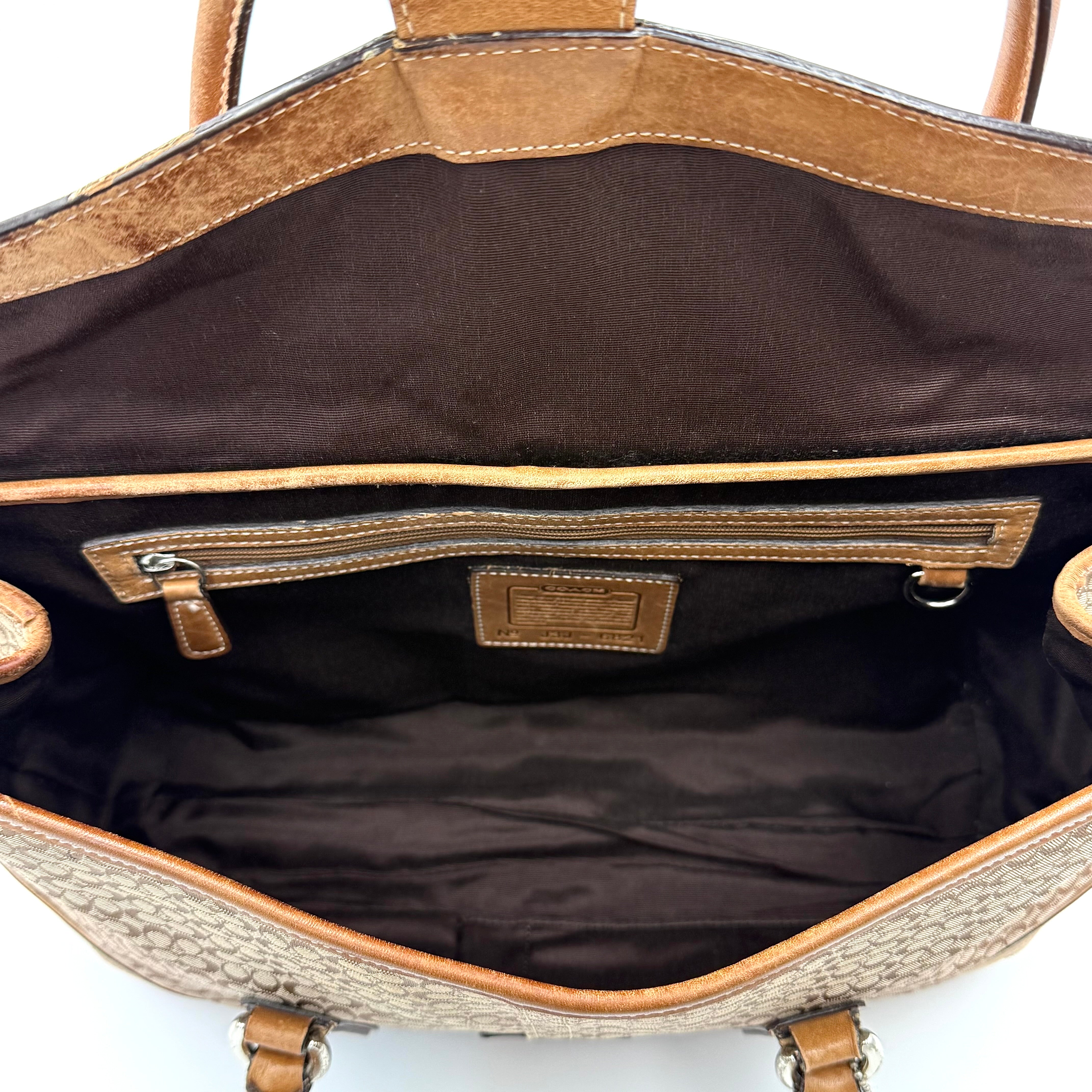 Front-facing view of the Coach Y2K Signature Soho Shoulder Bag in beige and tan jacquard with leather trim.