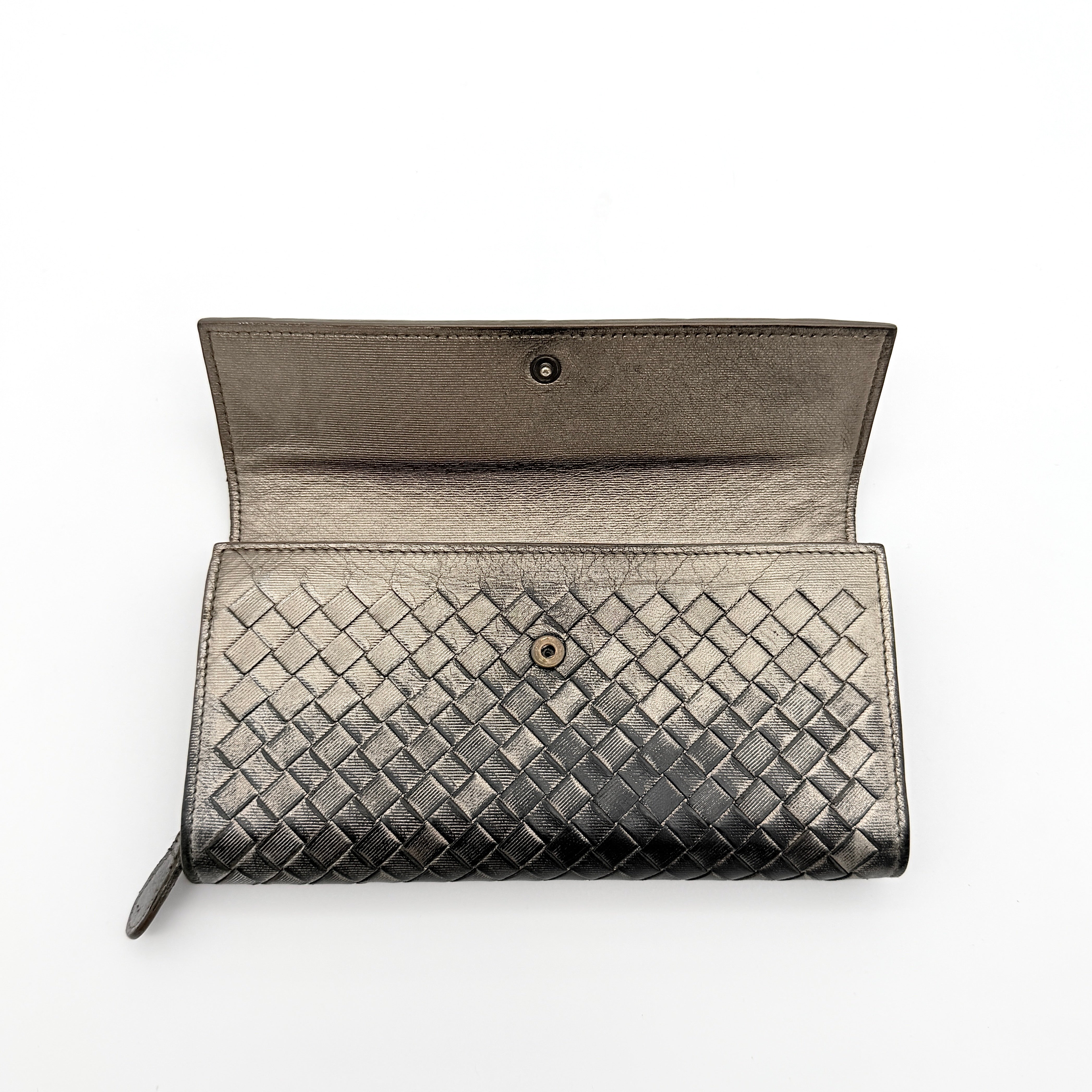 Bottega Veneta Intrecciato Flap Continental Long Wallet Metallic Grey