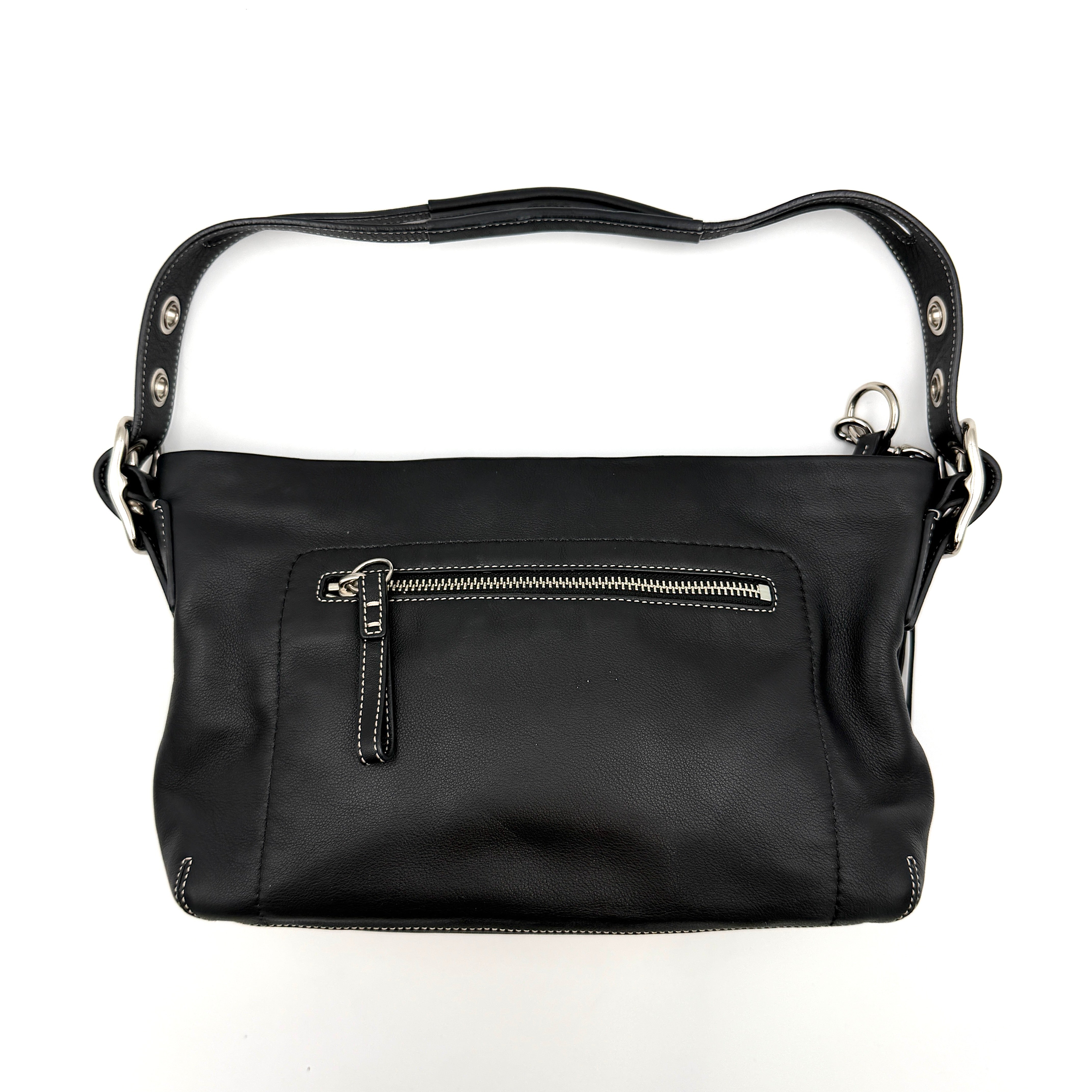 Coach Signature East West Shoulder Bag in black leather with silver hardware and contrast stitching, displayed on a white background.