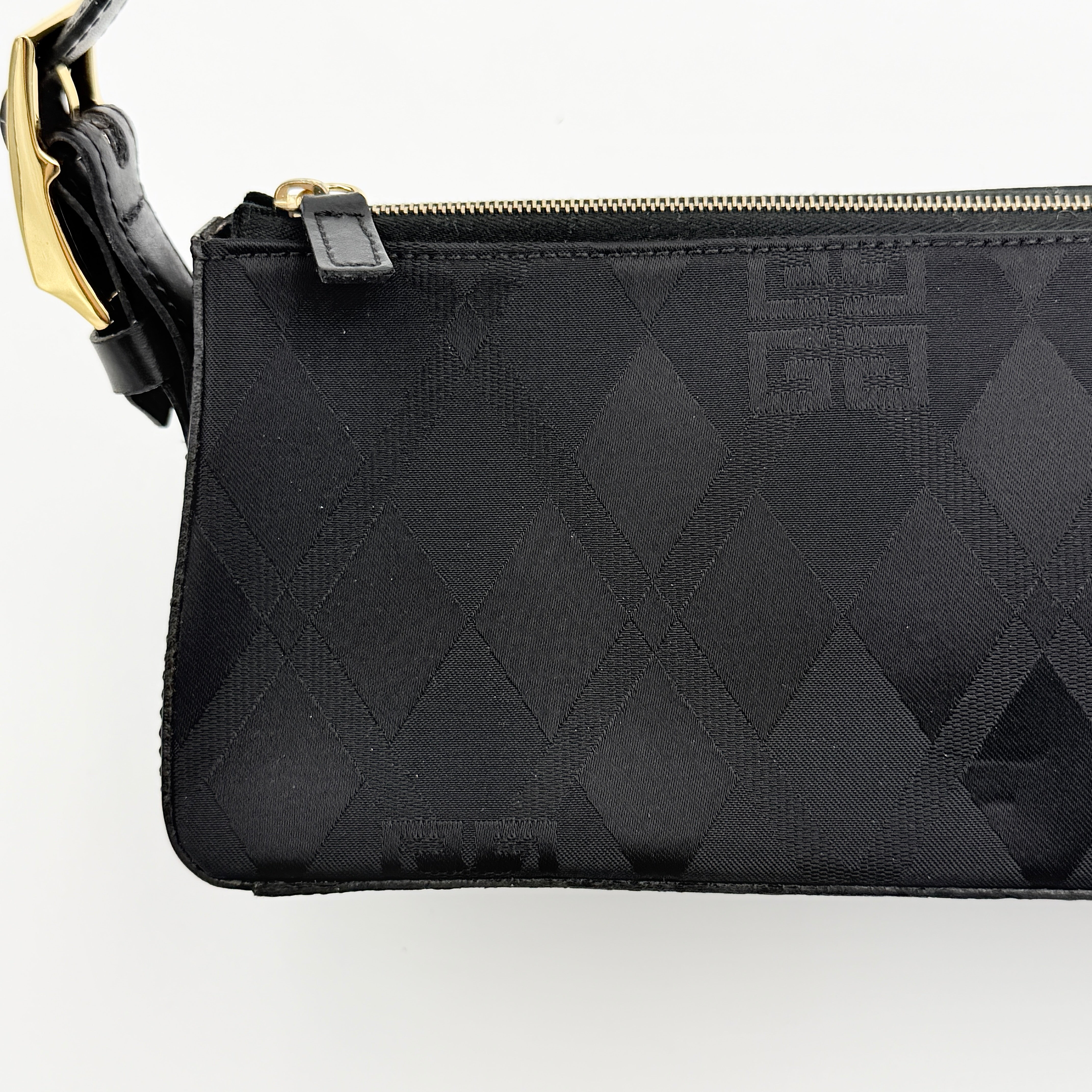 Givenchy 4G Monogram Pochette Shoulder Bag in black jacquard with leather strap and gold-tone hardware, photographed on white background.