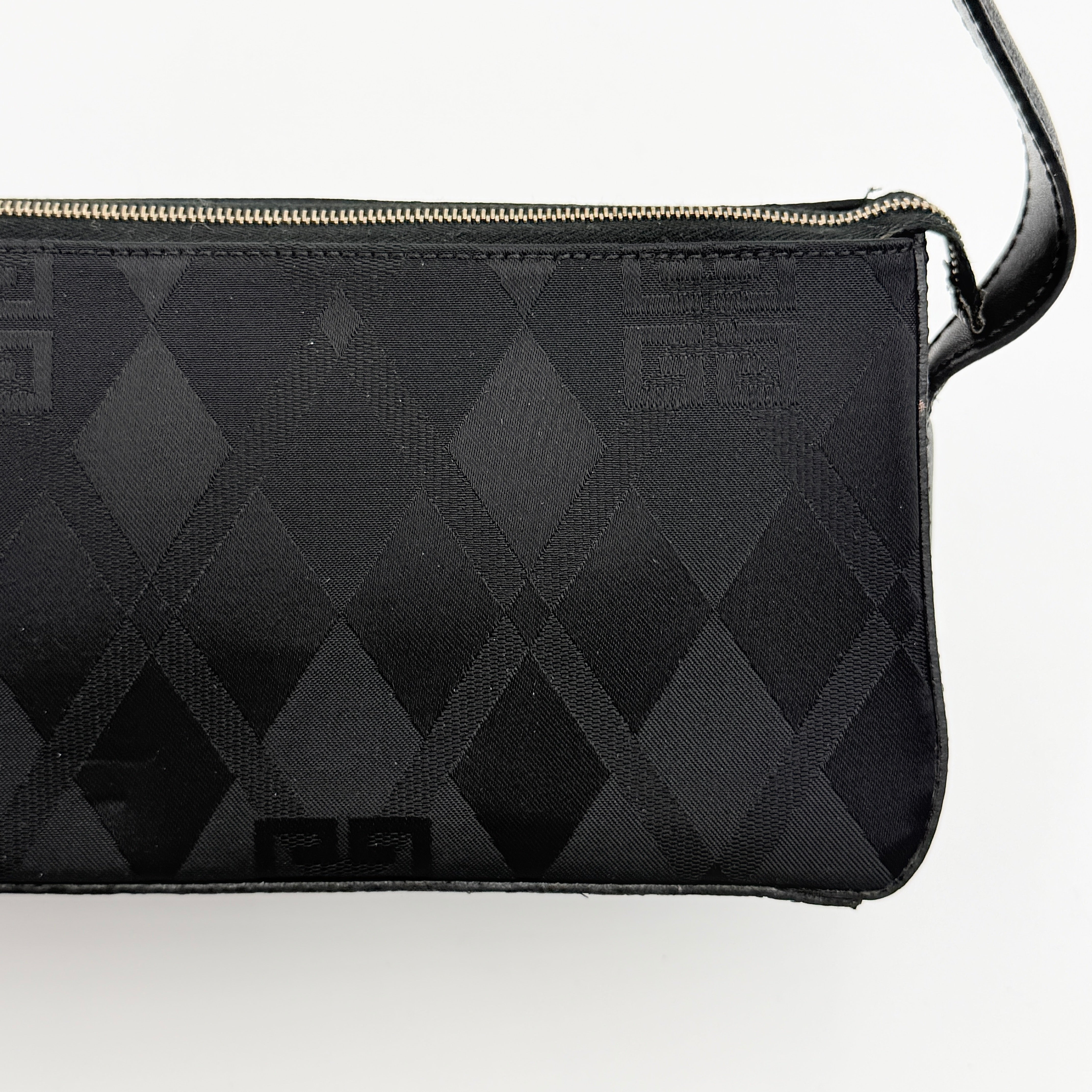 Givenchy 4G Monogram Pochette Shoulder Bag in black jacquard with leather strap and gold-tone hardware, photographed on white background.