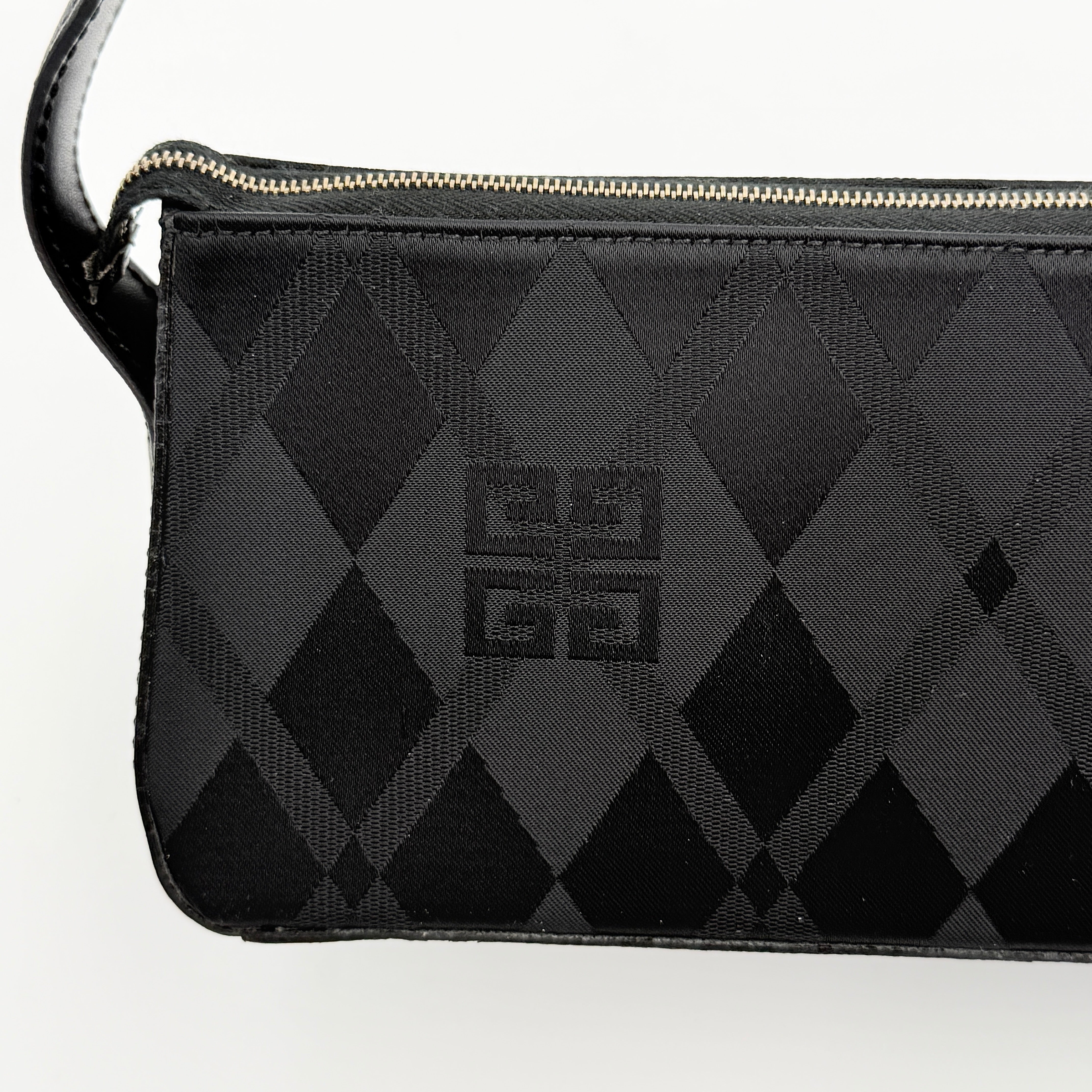 Givenchy 4G Monogram Pochette Shoulder Bag in black jacquard with leather strap and gold-tone hardware, photographed on white background.