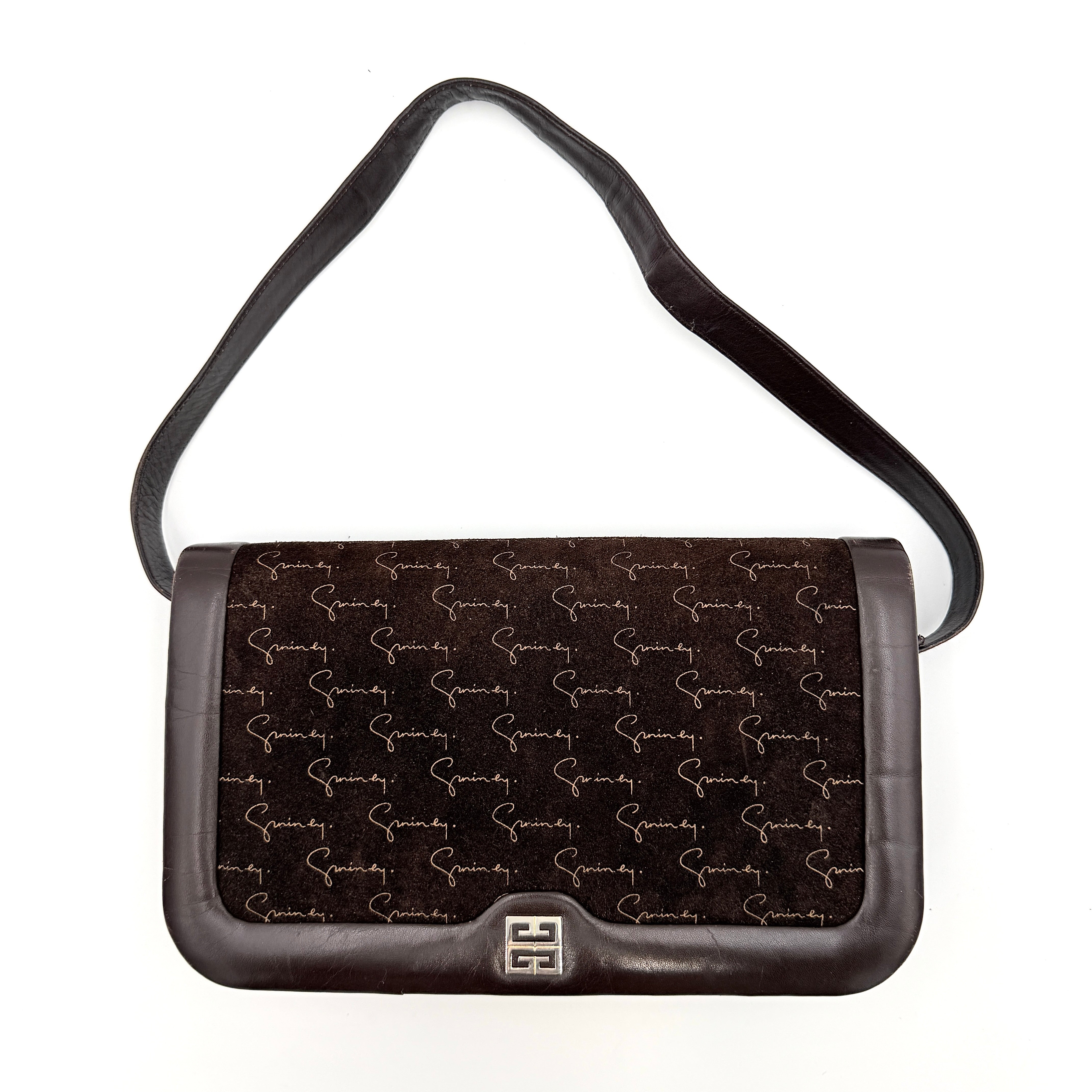 Givenchy 4G Monogram brown suede shoulder bag with leather trim and silver-tone clasp, photographed on a white background.