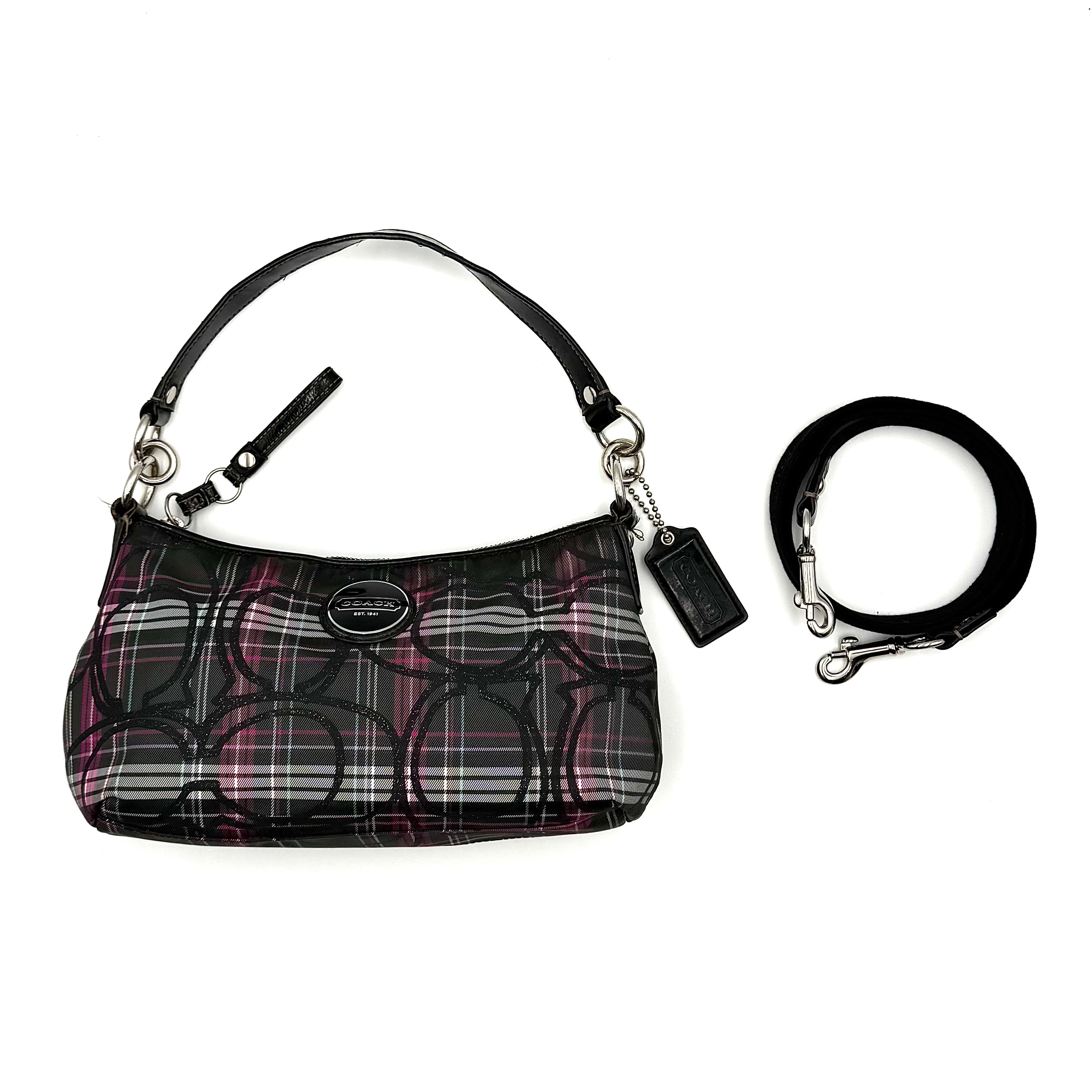 Coach 2Way Poppy Tartan shoulder bag in multi-colour plaid with detachable strap and signature silver hardware.