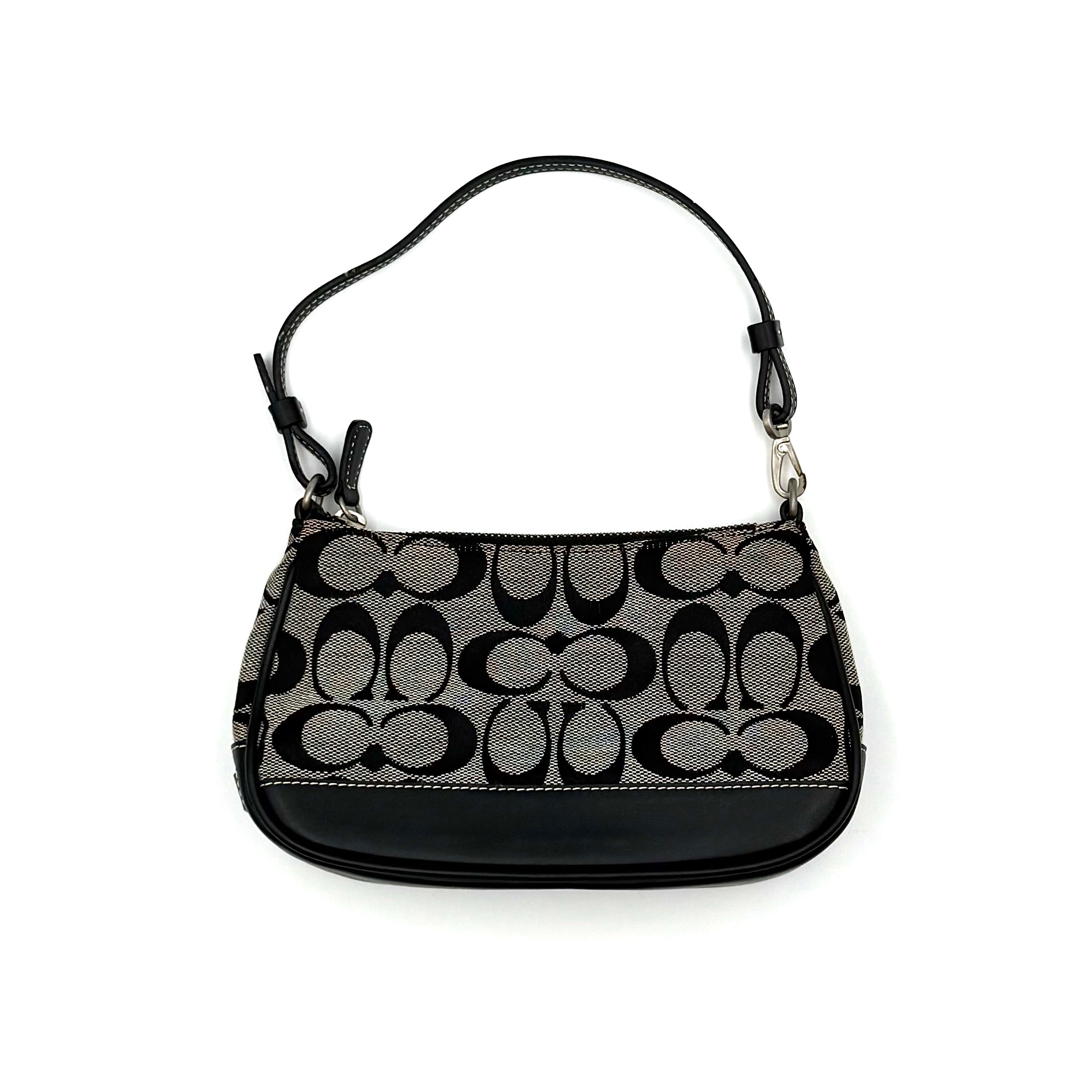 Coach Y2K Demi Shoulder Bag in black and grey signature jacquard with black leather trim and silver hardware.