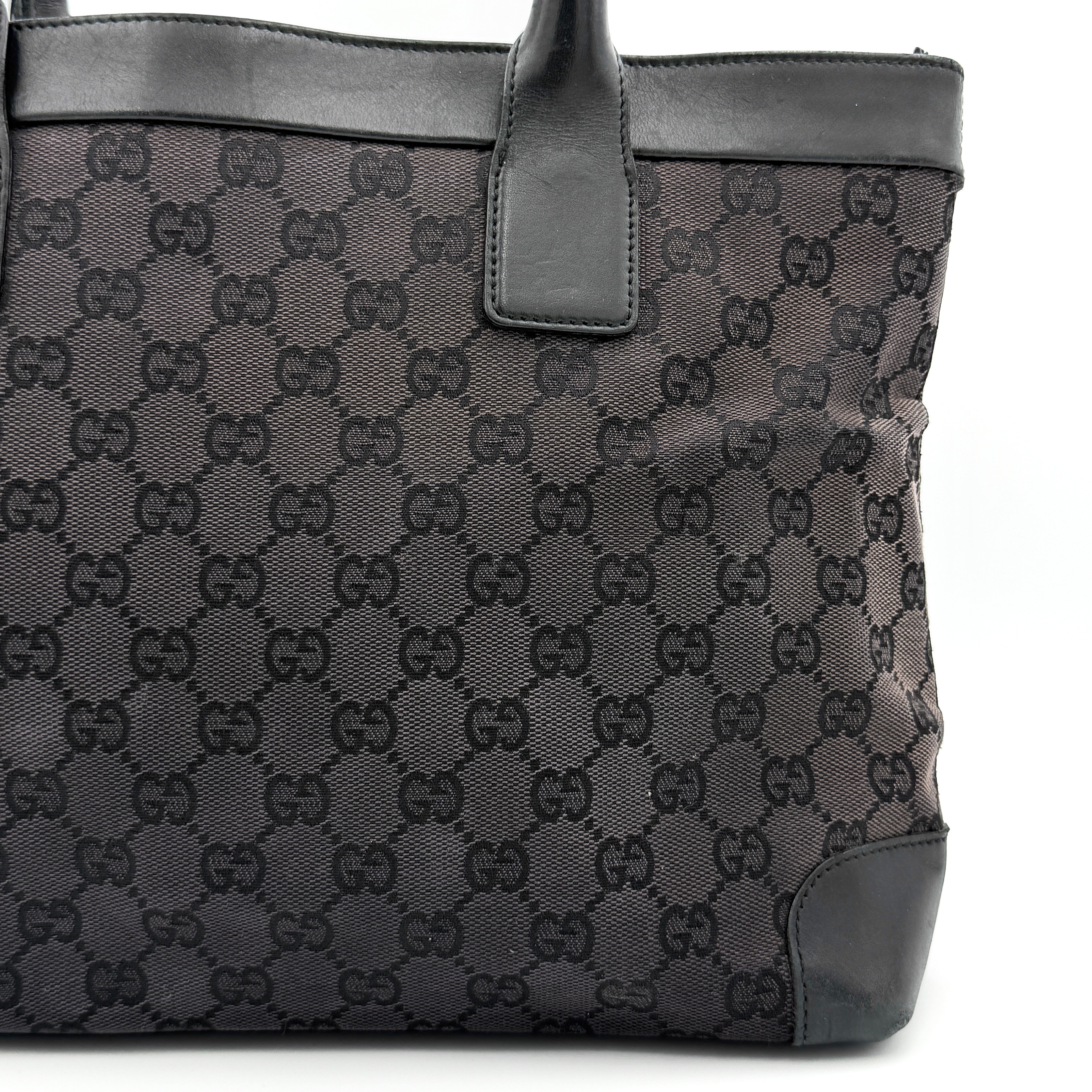 Gucci GG Monogram Leather Tote Bag in black canvas and leather, with structured top handles and allover GG motif.