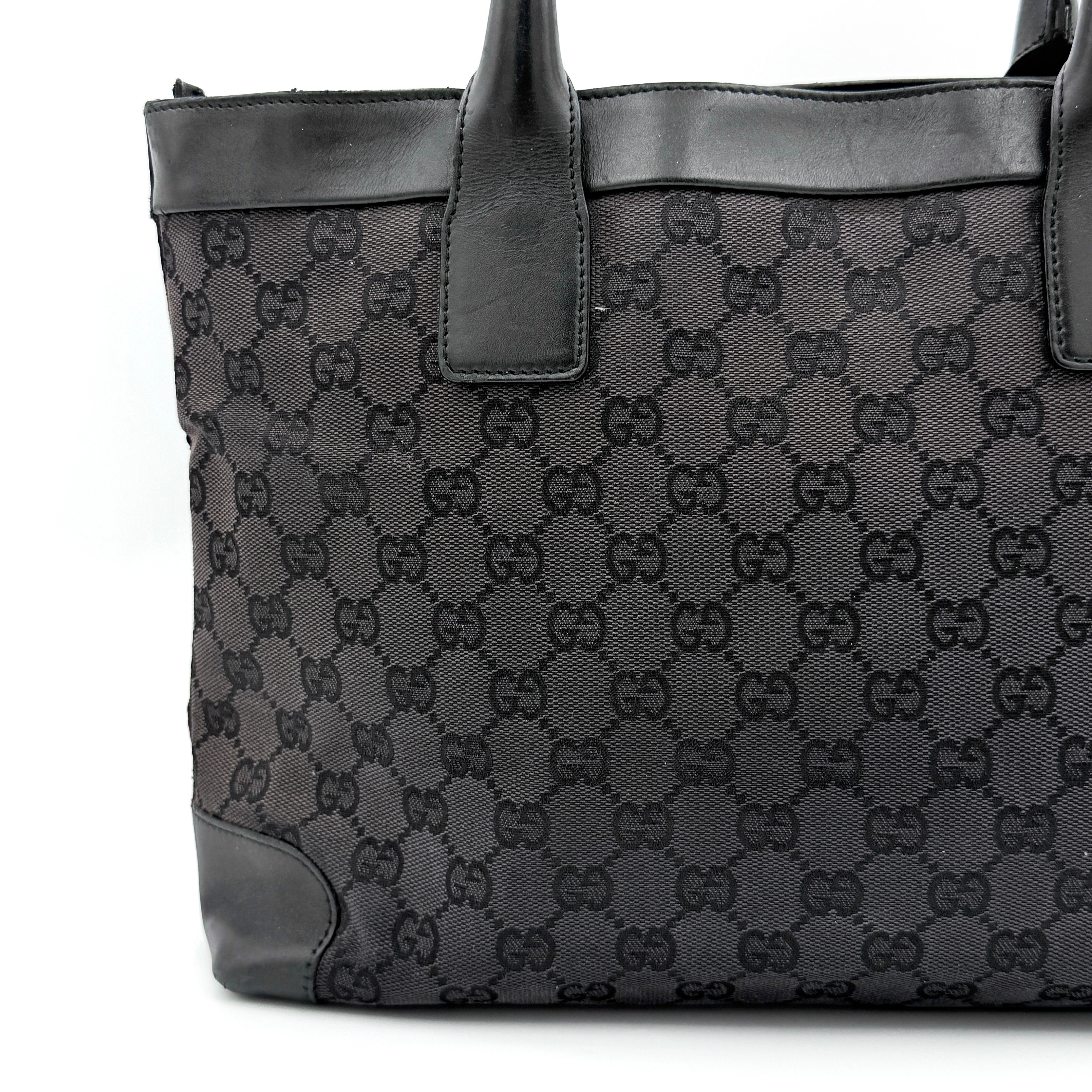 Gucci GG Monogram Leather Tote Bag in black canvas and leather, with structured top handles and allover GG motif.
