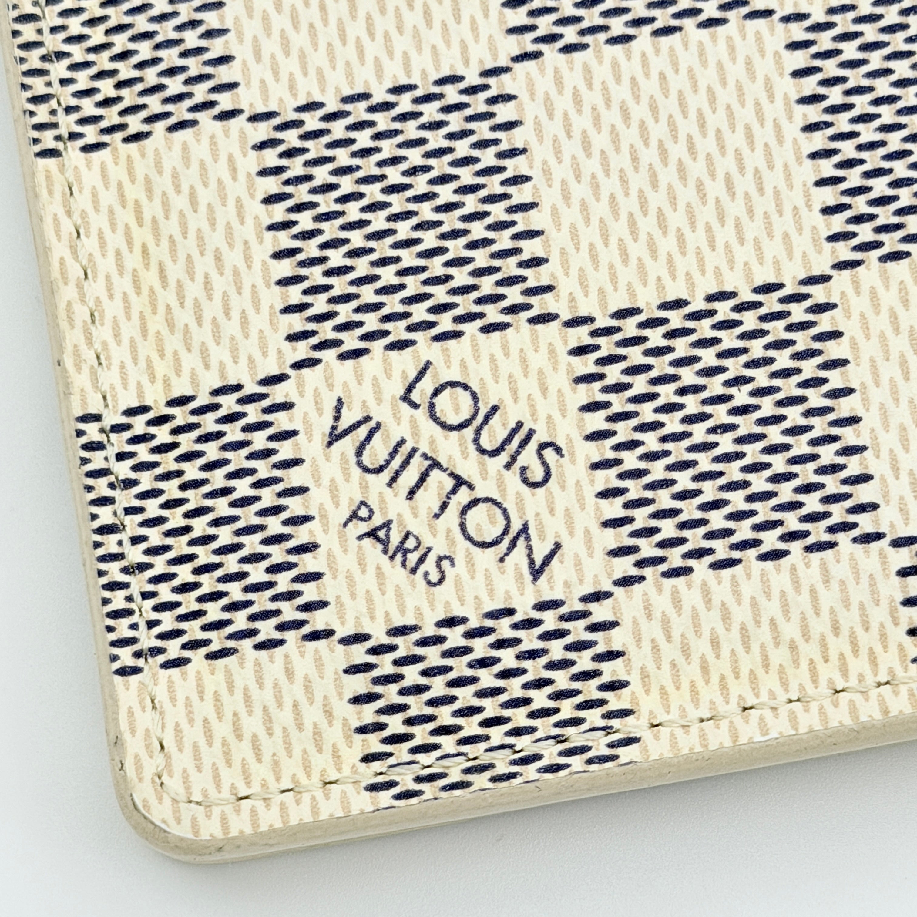 Louis Vuitton Damier Azur Pocket Organiser with box, dust bag, and booklet displayed on a white background.