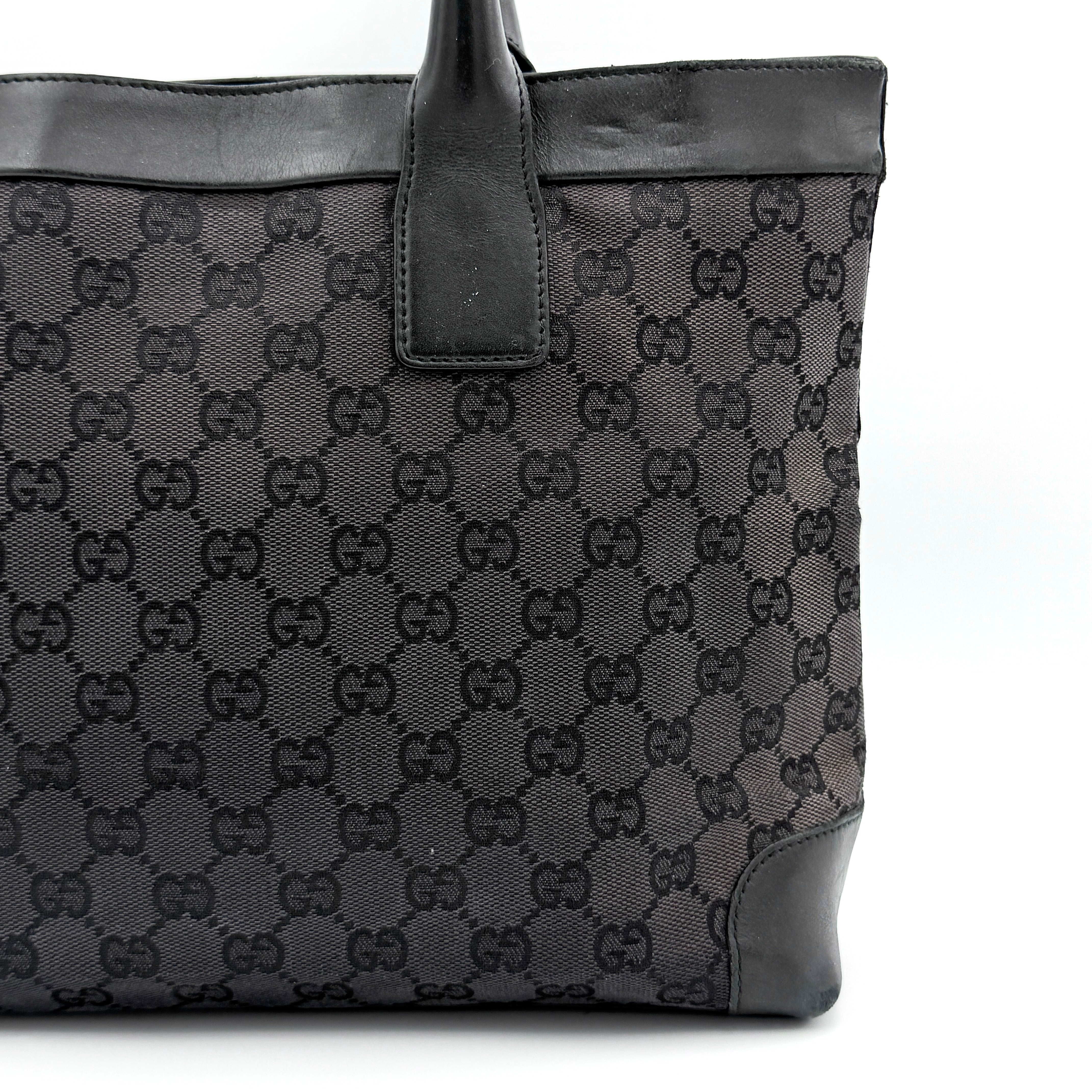 Gucci GG Monogram Leather Tote Bag in black canvas and leather, with structured top handles and allover GG motif.