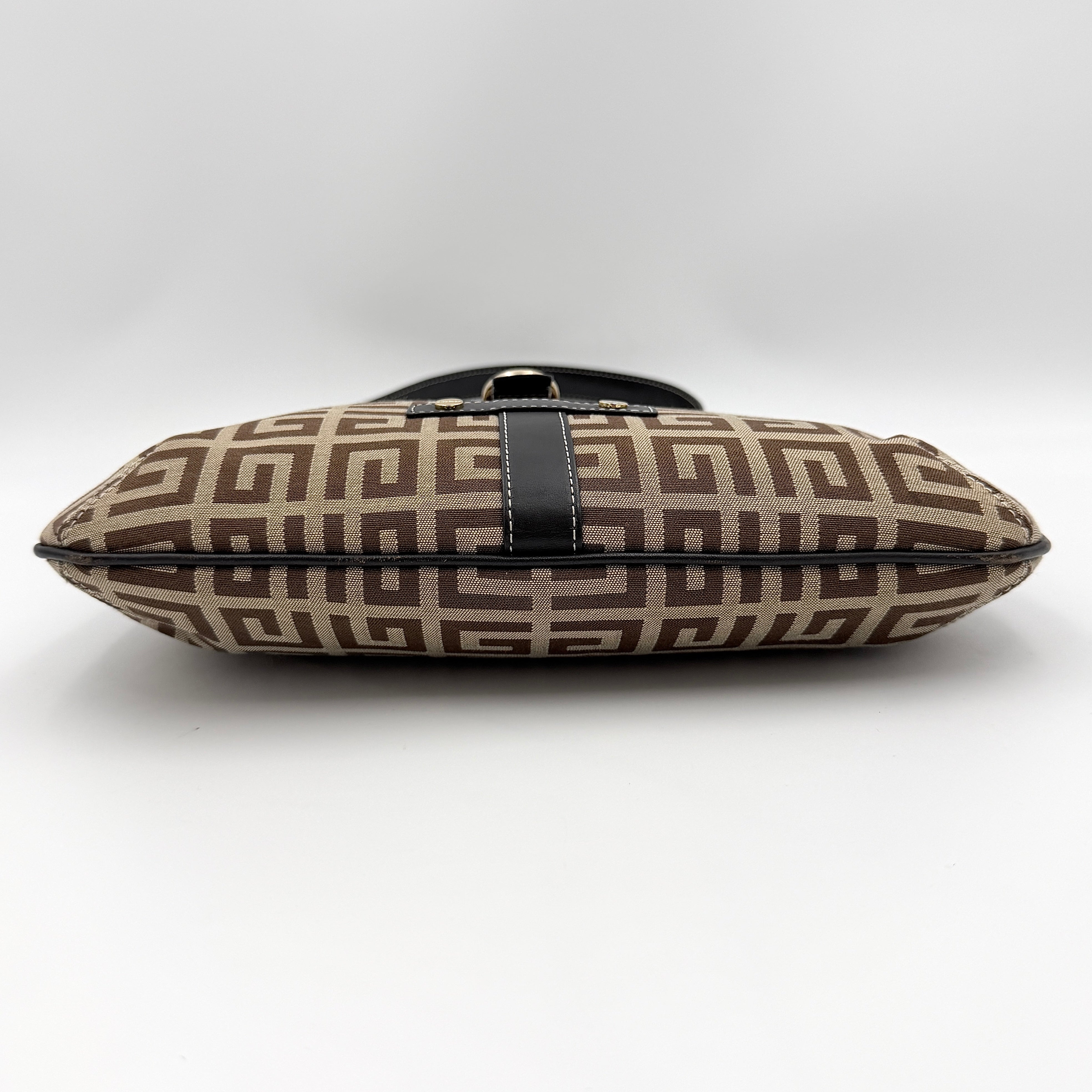 The Givenchy Monogram Hobo Shoulder Bag in brown canvas with black leather trim and gold hardware, displayed front-facing.