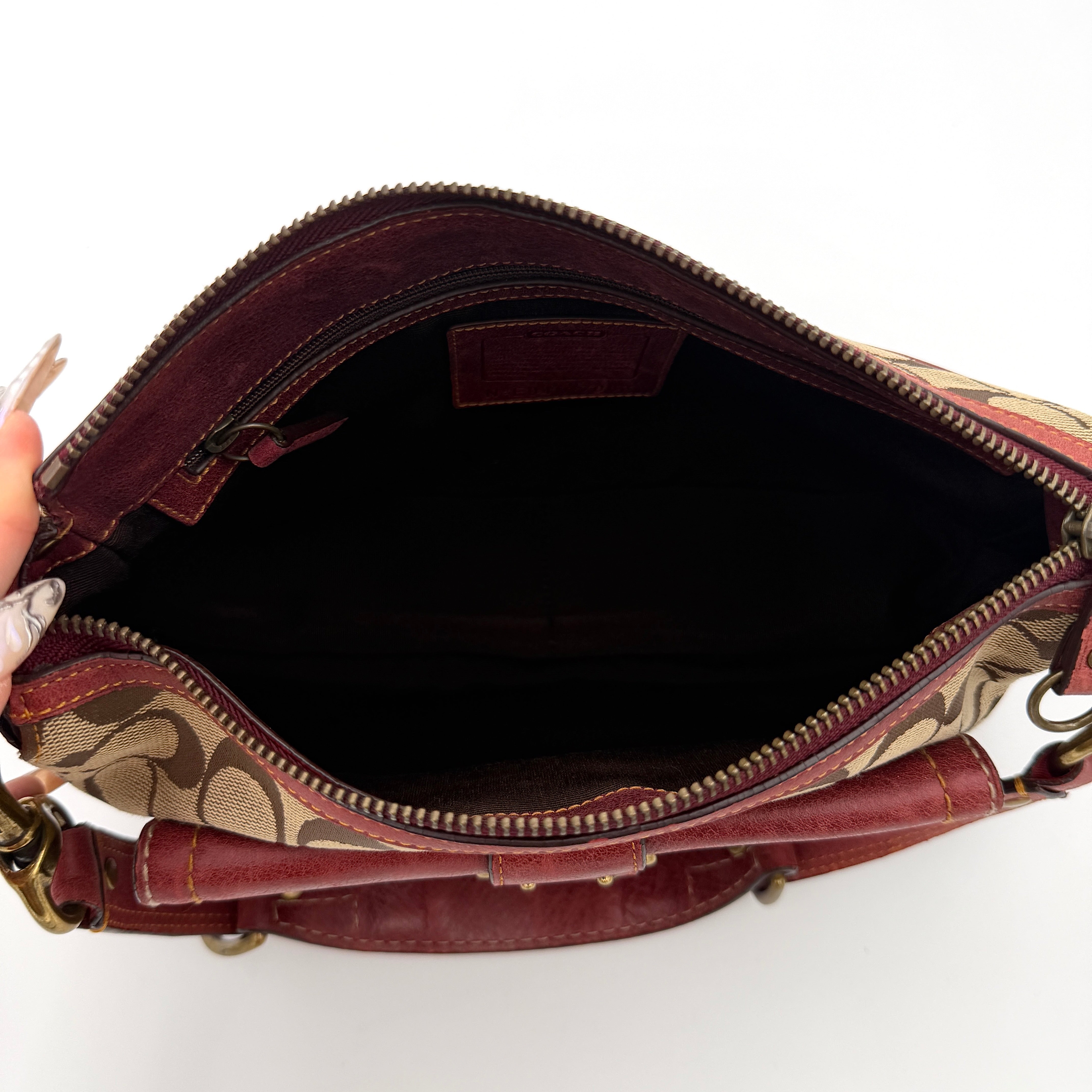 Coach Signature Front Buckle Shoulder Bag Burgundy/Beige