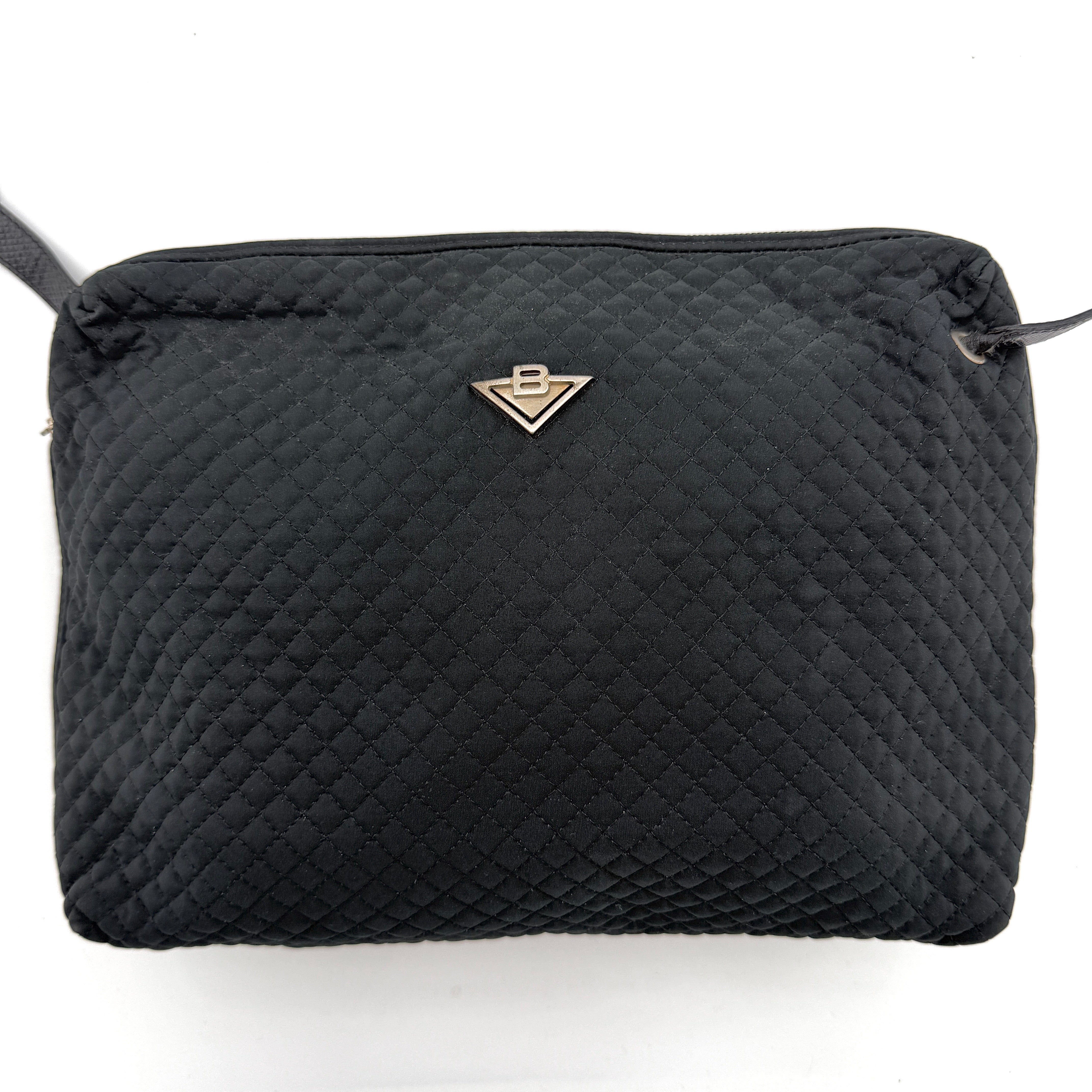 Bottega Veneta black quilted nylon crossbody bag with silver-tone logo hardware and leather strap.