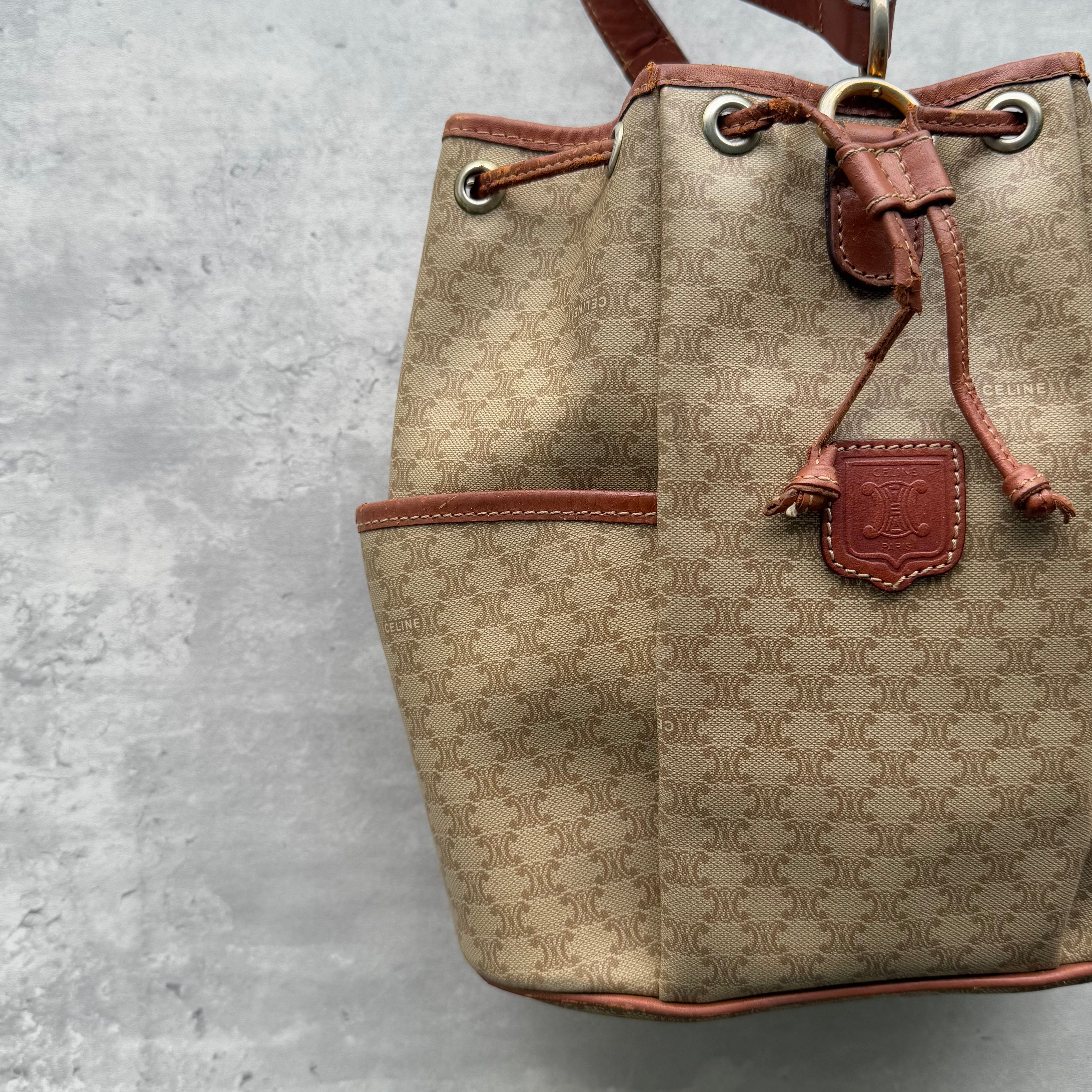Celine Macadam Bucket Drawstring Bag Beige