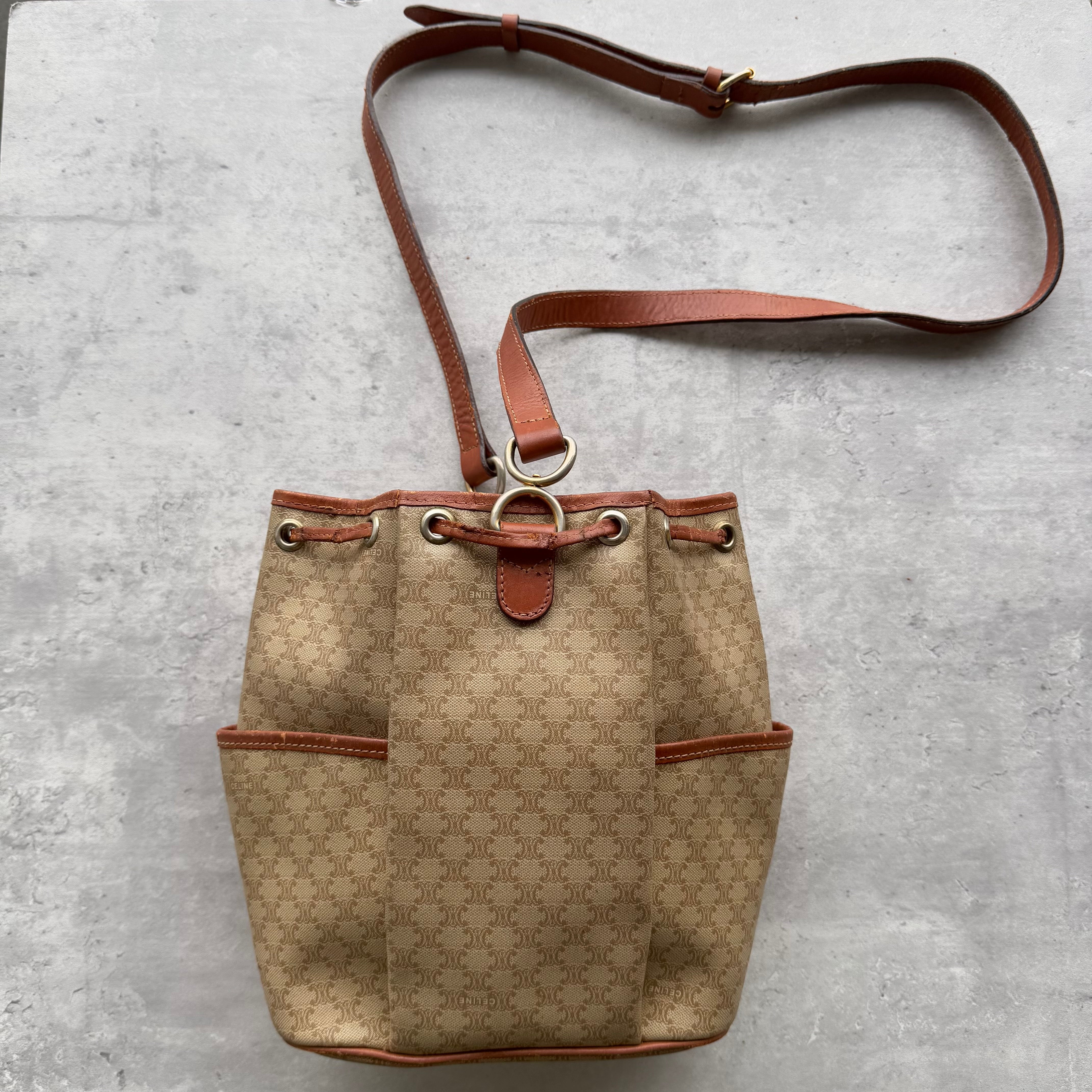 Celine Macadam Bucket Drawstring Bag Beige