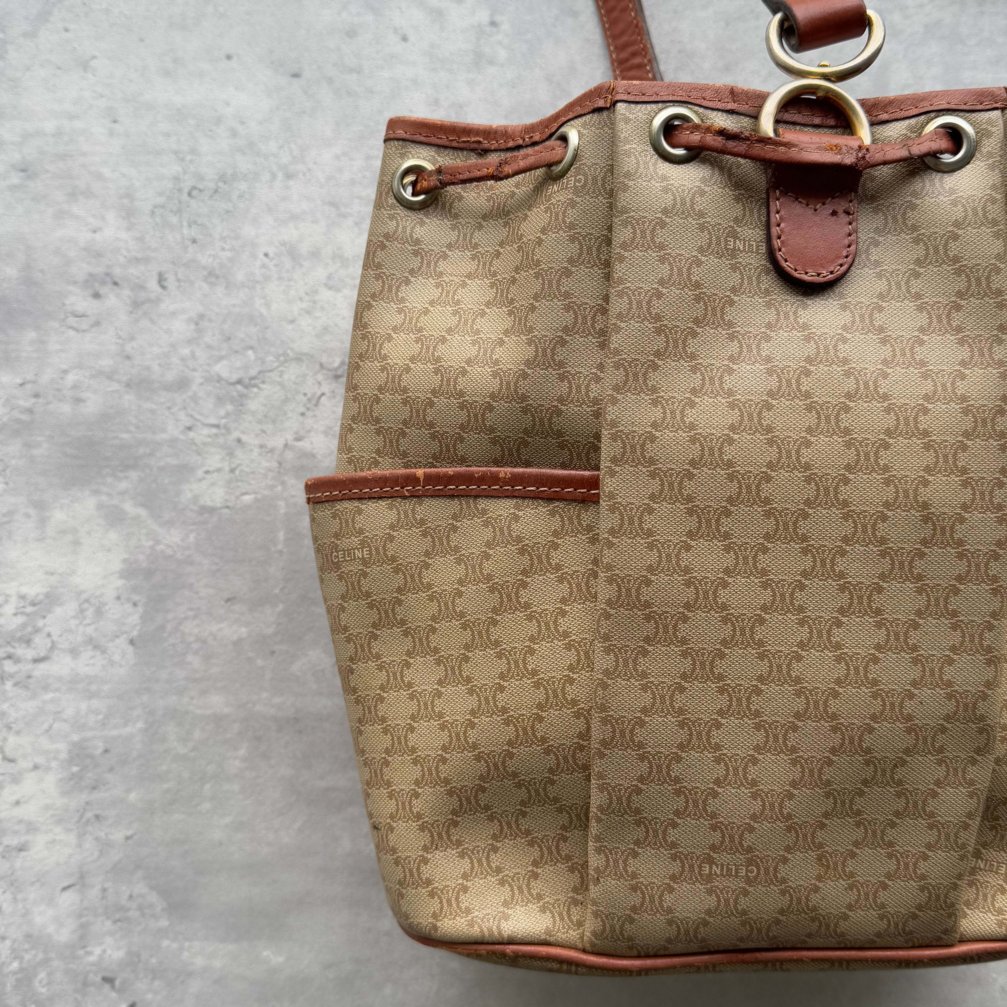 Celine Macadam Bucket Drawstring Bag Beige