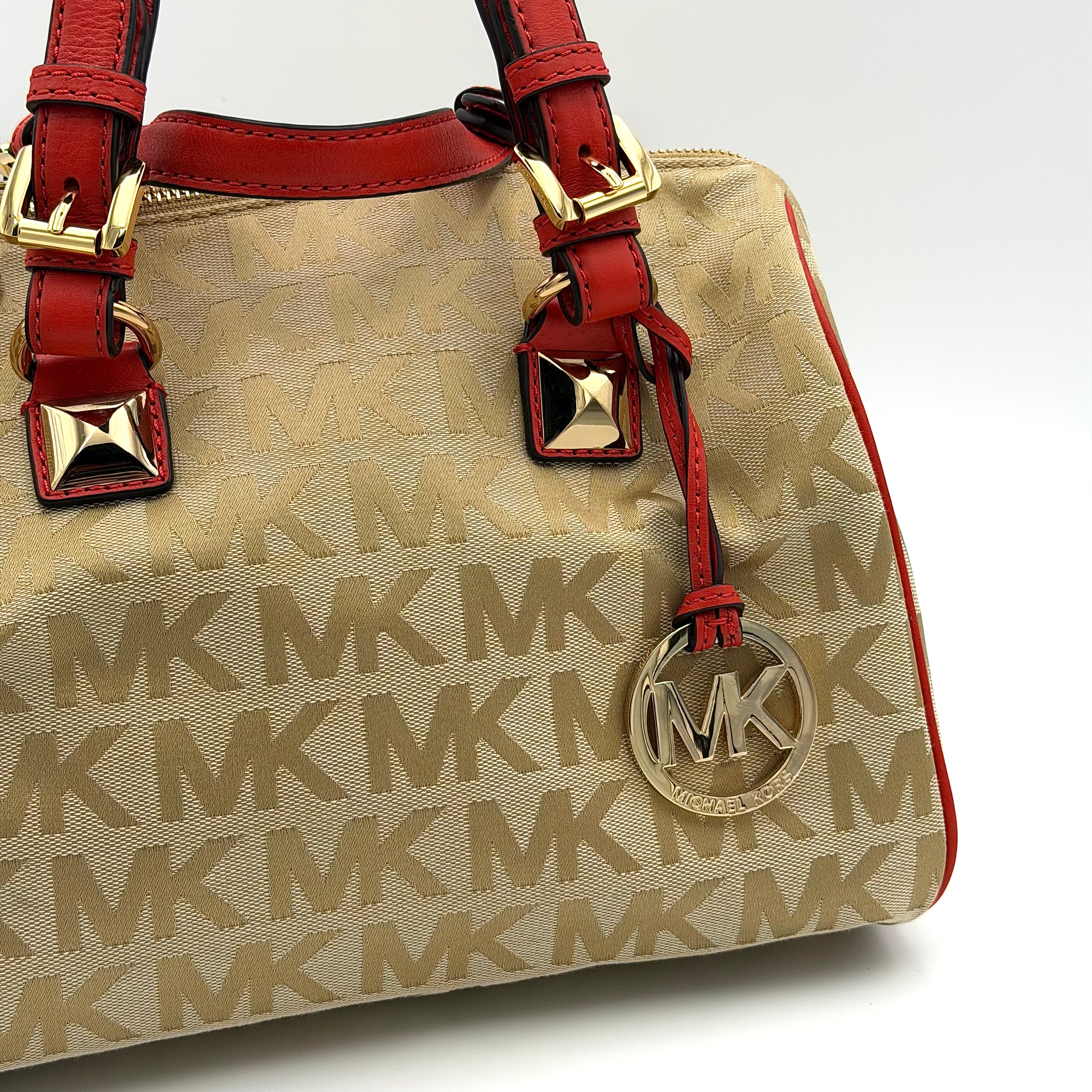 Michael Kors Grayson Monogram Satchel Handbag Beige/Red