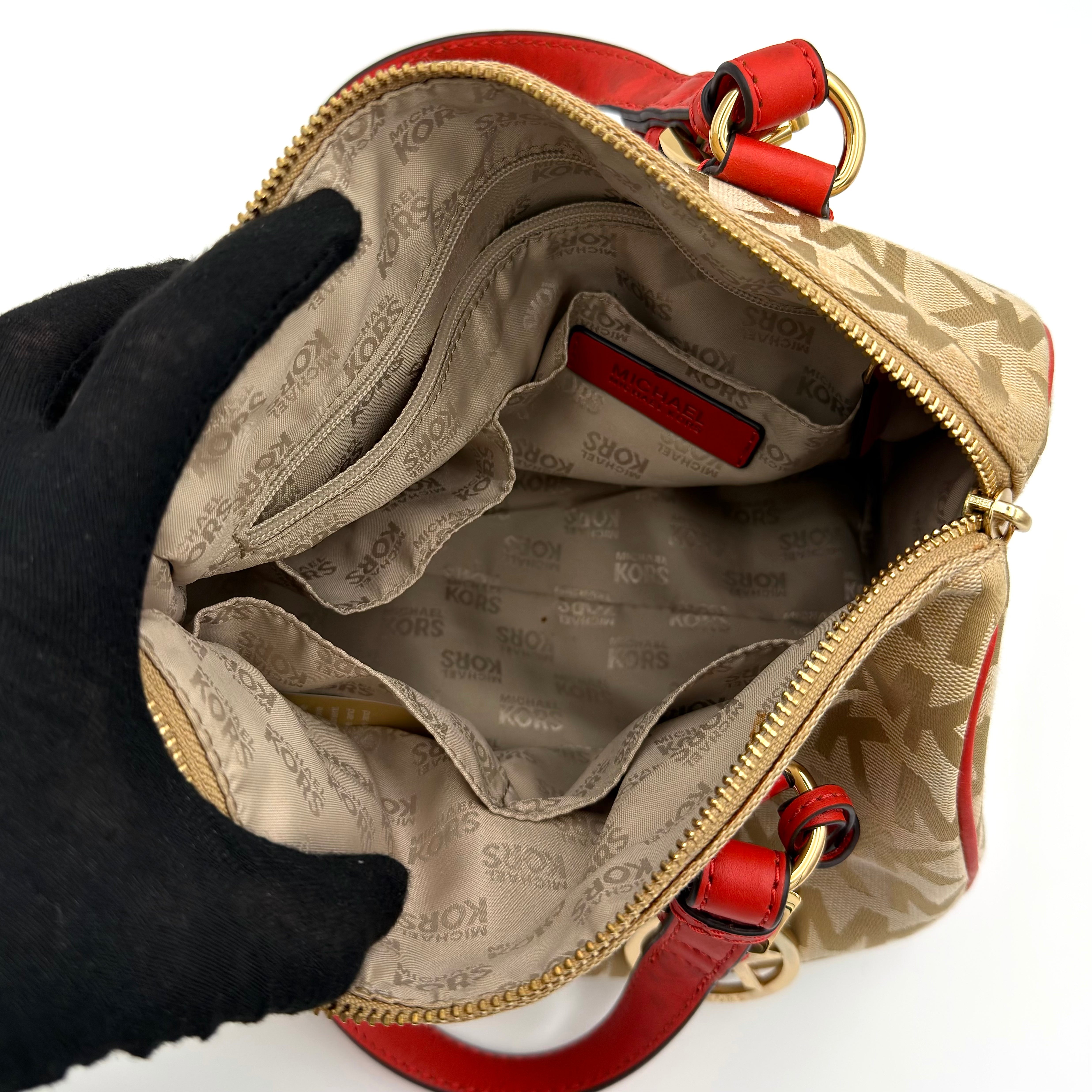 Michael Kors Grayson Monogram Satchel Handbag Beige/Red