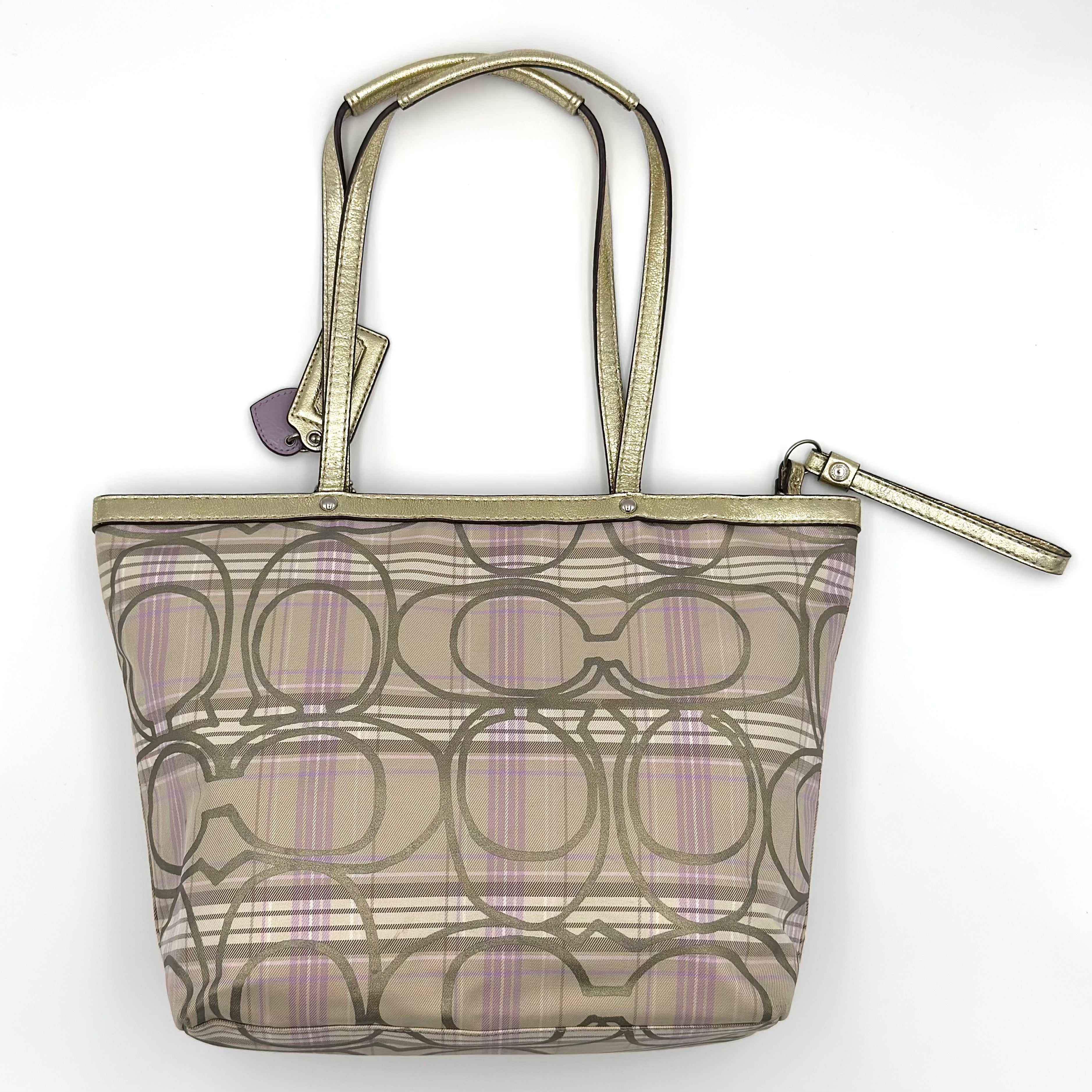 Coach Signature Plaid Tartan Tote Bag Purple/Gold