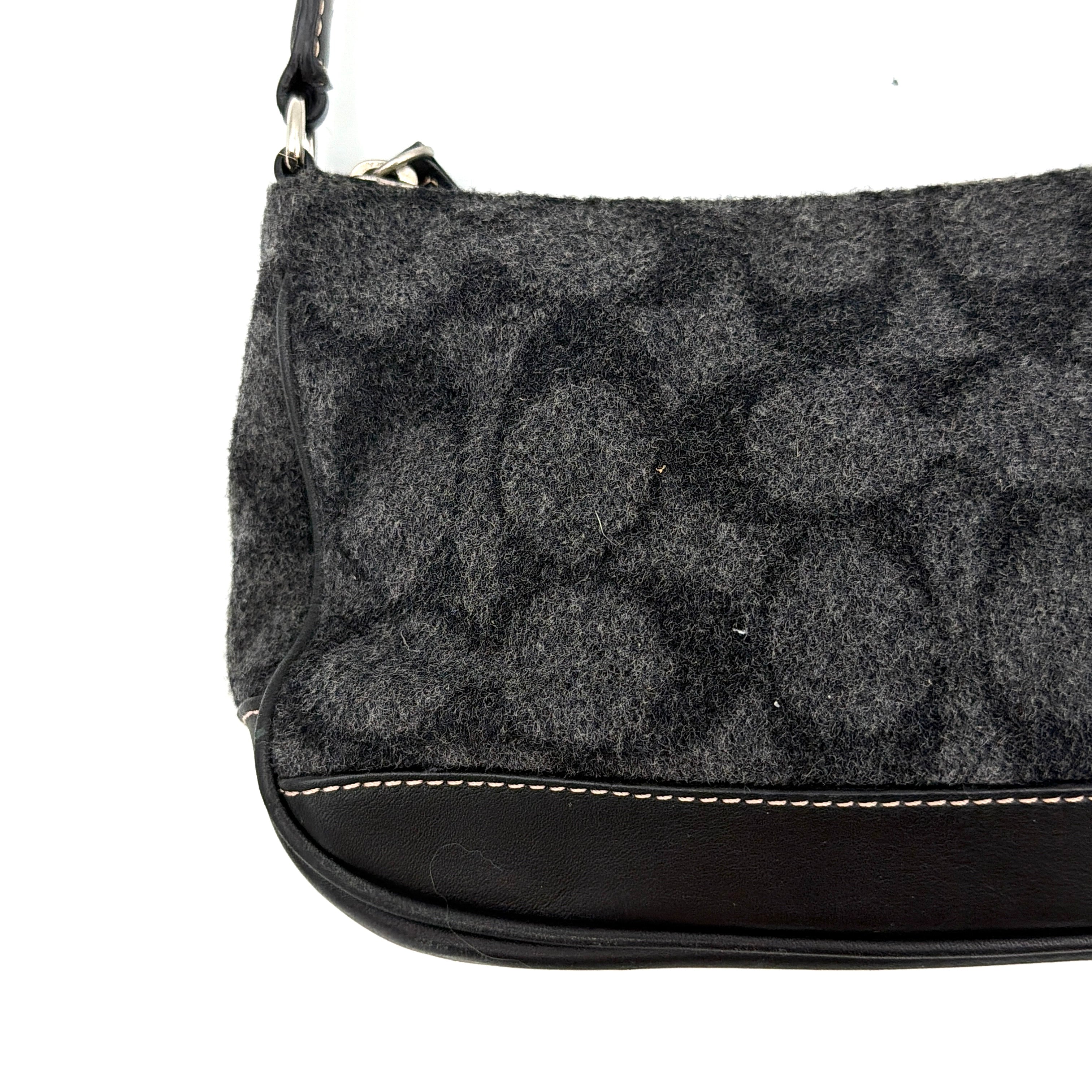 Coach Y2K Wool Demi Shoulder Bag in black and grey with monogram pattern, leather trim, and silver-tone details.